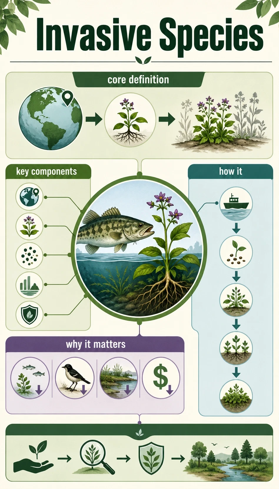 invasive species infographic showing core definition, key components, how it works, why it matters
