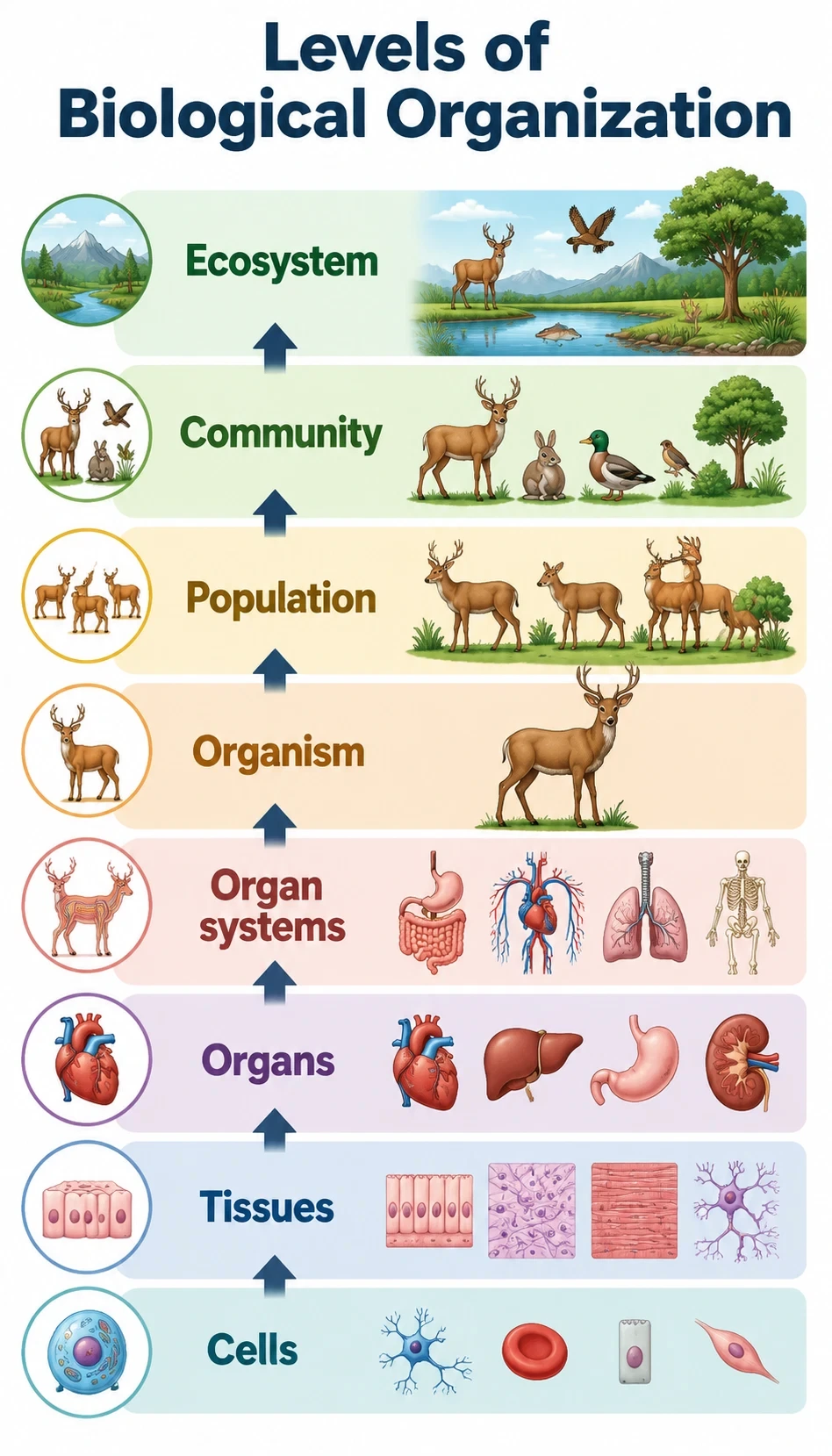 levels of biological organization infographic showing Cells are the basic unit of life, Tissues are groups of similar cells, Organs contain different tissues, Organ systems work together