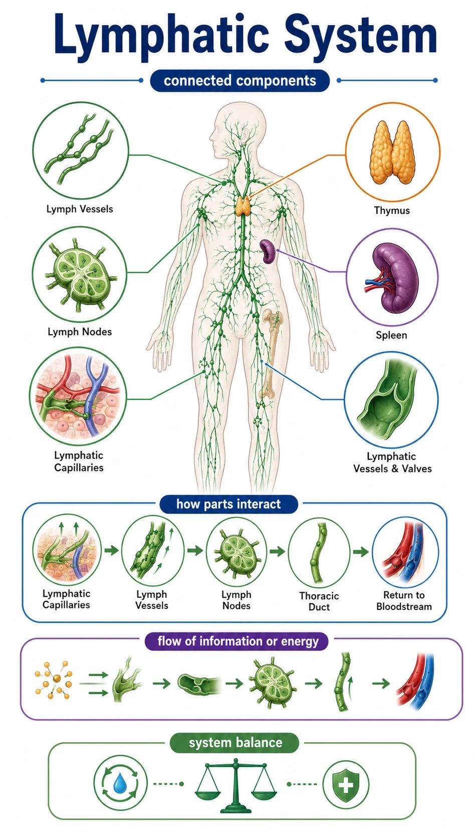 lymphatic system infographic showing connected components, how parts interact, flow of information or energy, system balance