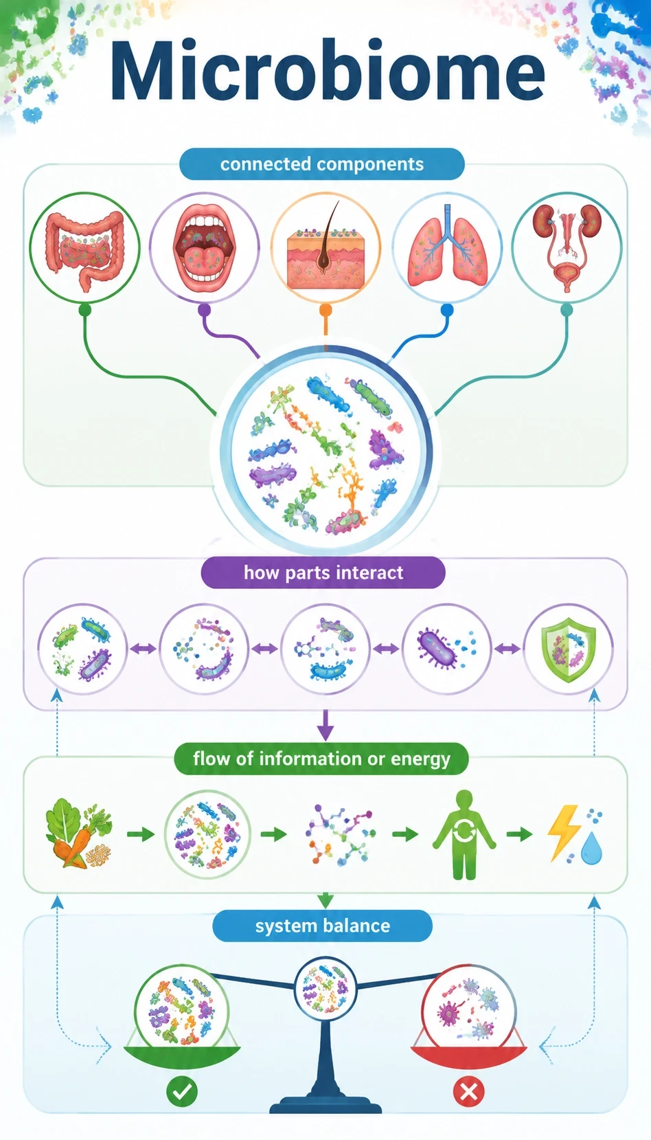 microbiome infographic showing connected components, how parts interact, flow of information or energy, system balance