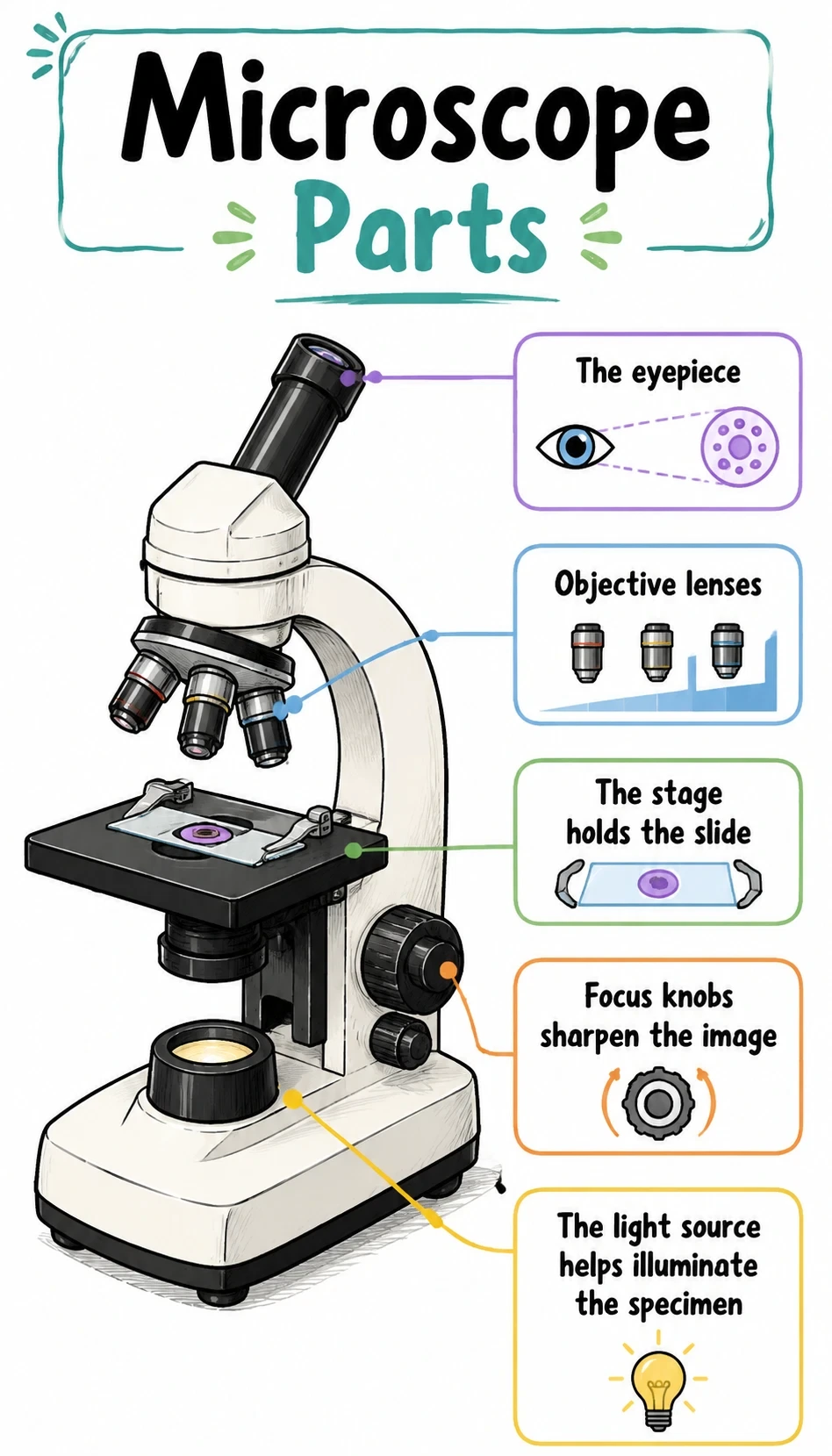 microscope parts infographic showing The eyepiece helps magnify the image, Objective lenses provide different magnification levels, The stage holds the slide, Focus knobs sharpen the image