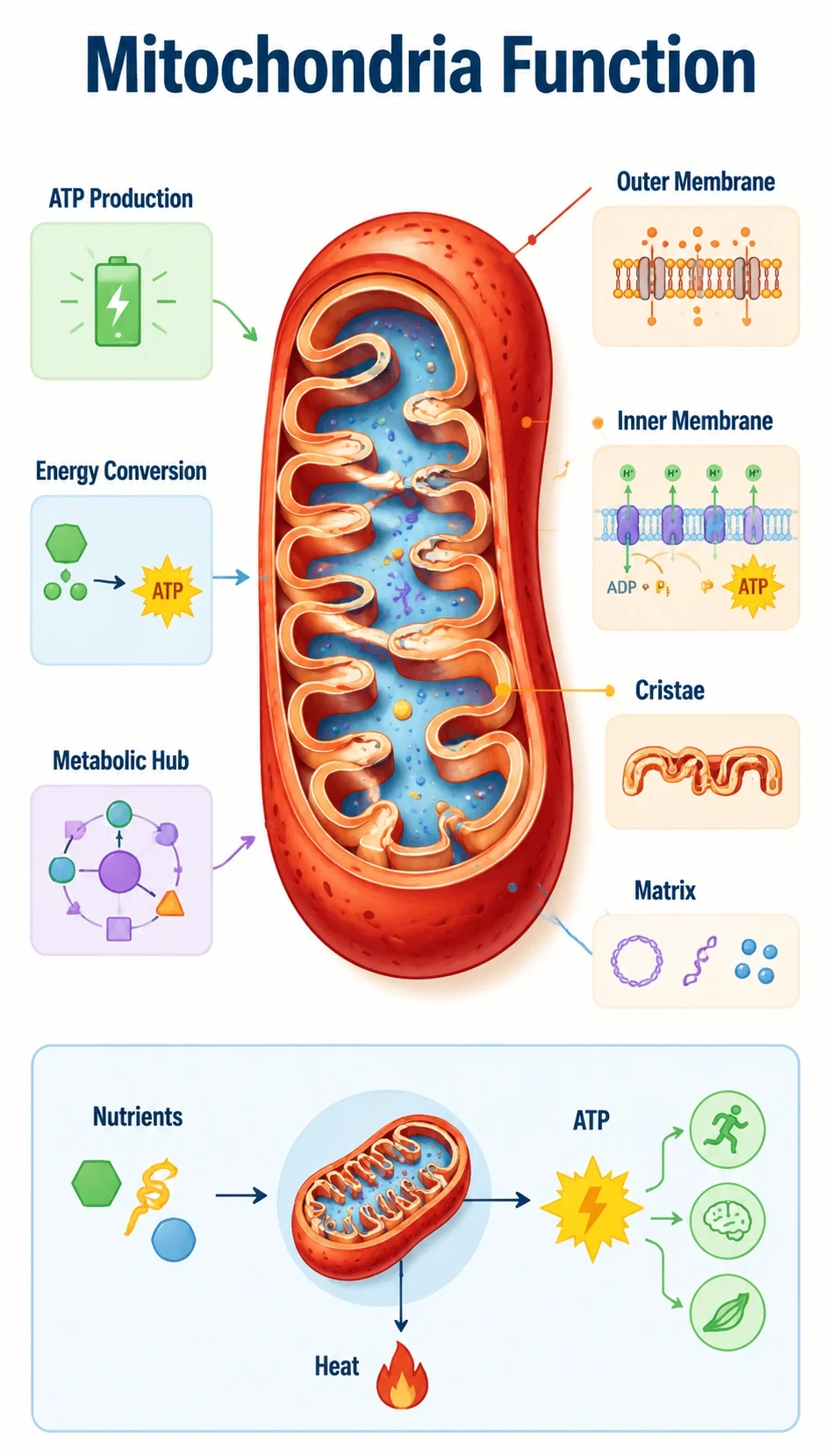 mitochondria function infographic showing main parts, terms and callouts, how each part functions, spatial relationships