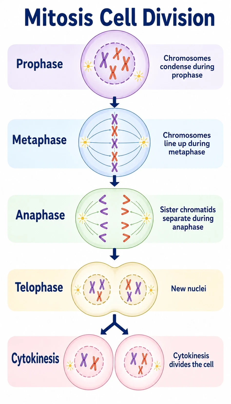 mitosis cell division infographic showing Chromosomes condense during prophase, Chromosomes line up during metaphase, Sister chromatids separate during anaphase, New nuclei form during telophase