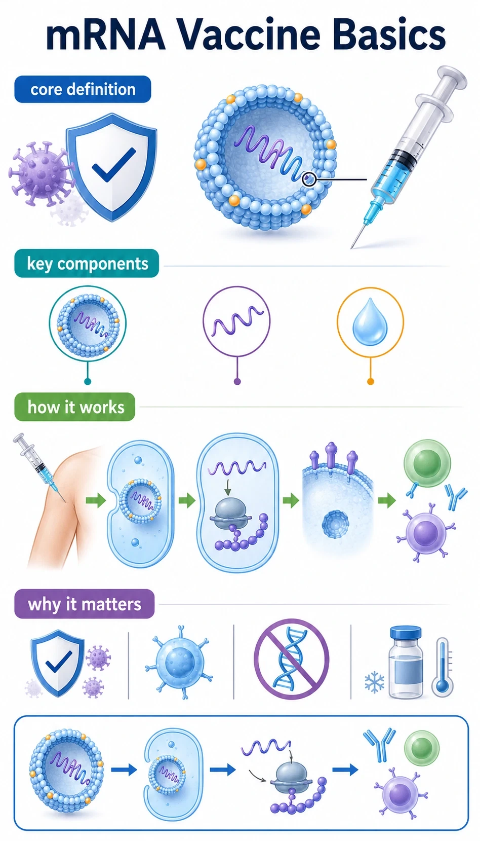 mrna vaccine basics infographic showing core definition, key components, how it works, why it matters