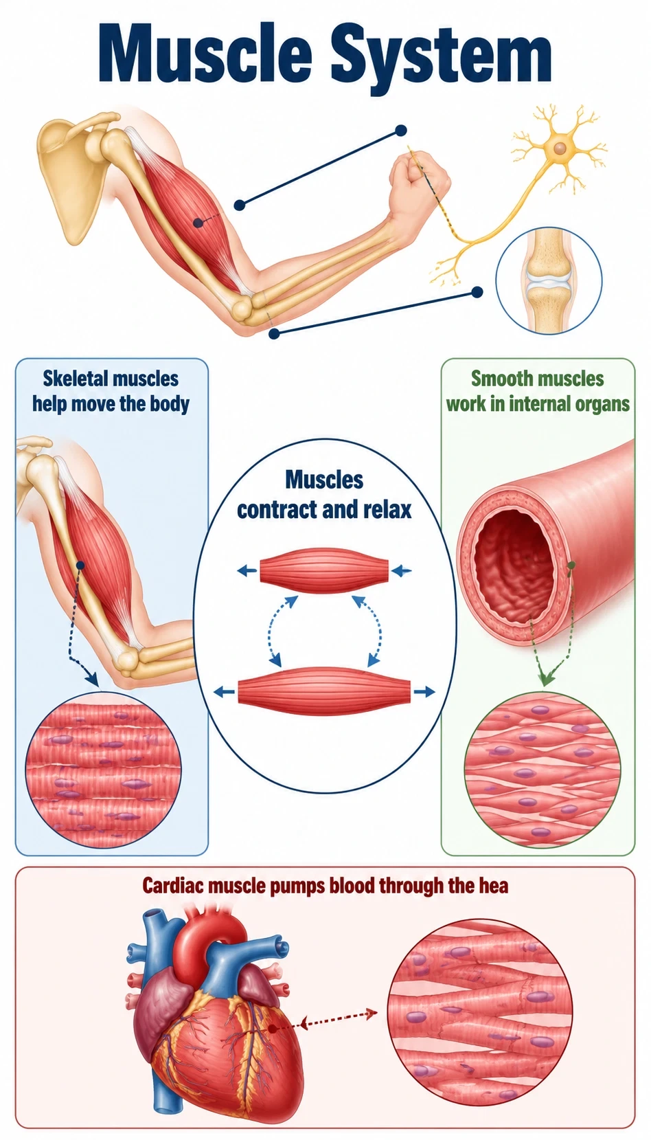muscle system infographic showing Skeletal muscles help move the body, Smooth muscles work in internal organs, Cardiac muscle pumps blood through the heart, Muscles contract and relax