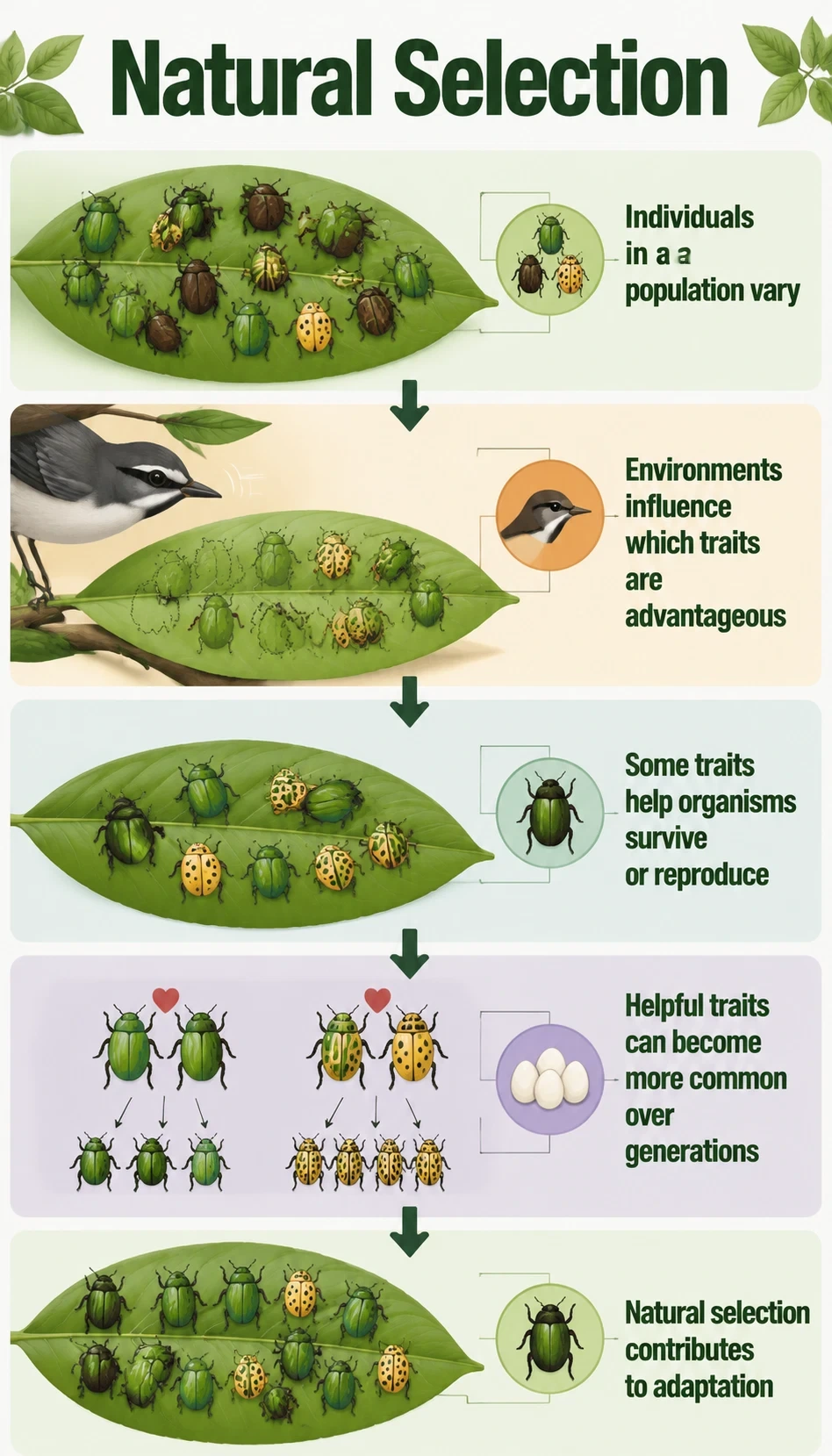 natural selection infographic showing Individuals in a population vary, Some traits help organisms survive or reproduce, Helpful traits can become more common over generations, Environments influence which traits are advantageous