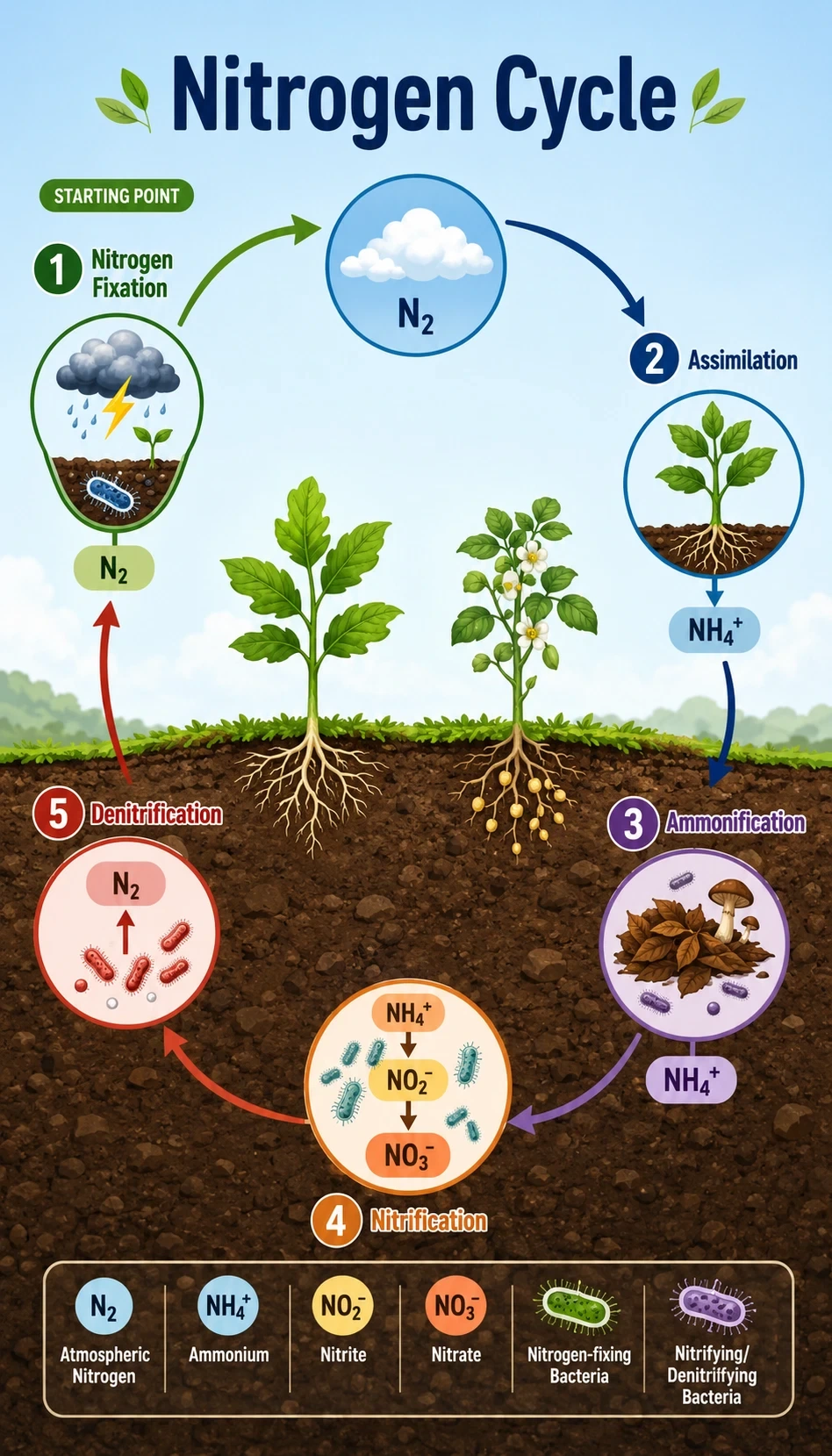 nitrogen cycle infographic showing starting point, major steps, key molecules or structures, direction of flow