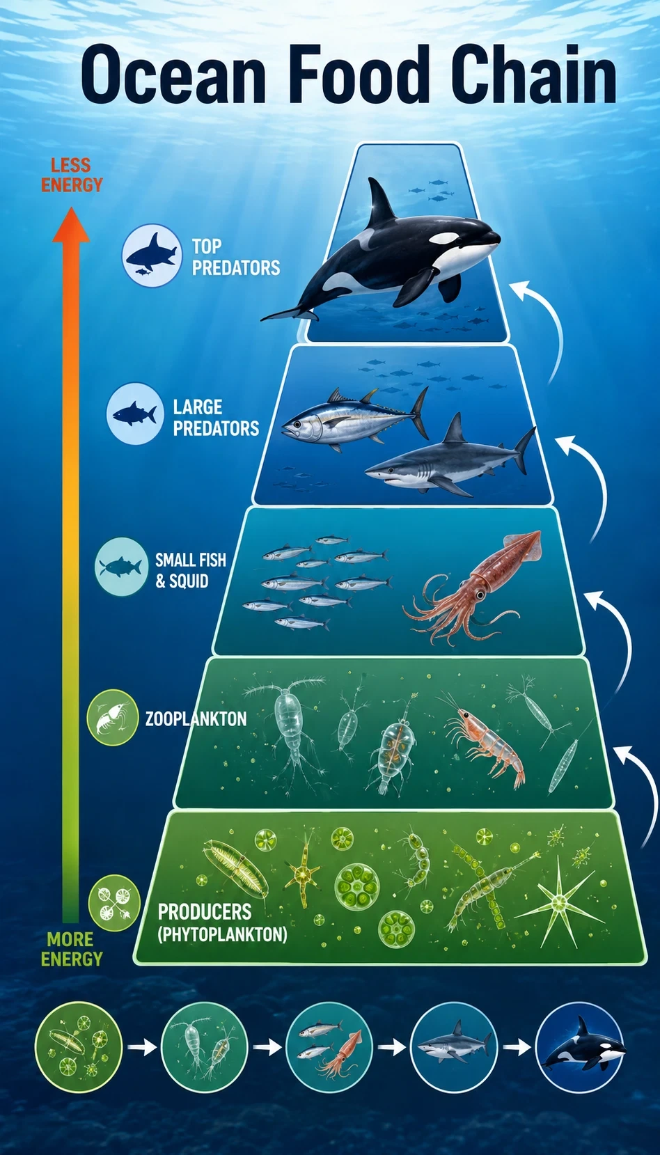 ocean food chain infographic showing levels, direction of energy or scale, examples at each level, relationship between layers