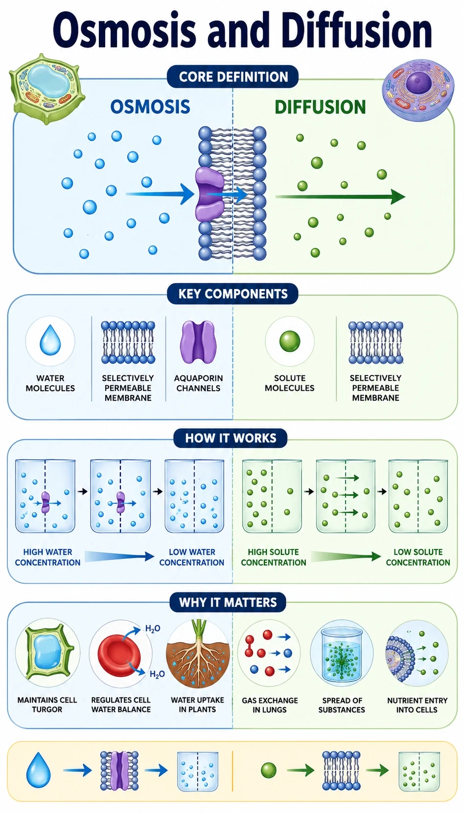 osmosis and diffusion infographic showing core definition, key components, how it works, why it matters