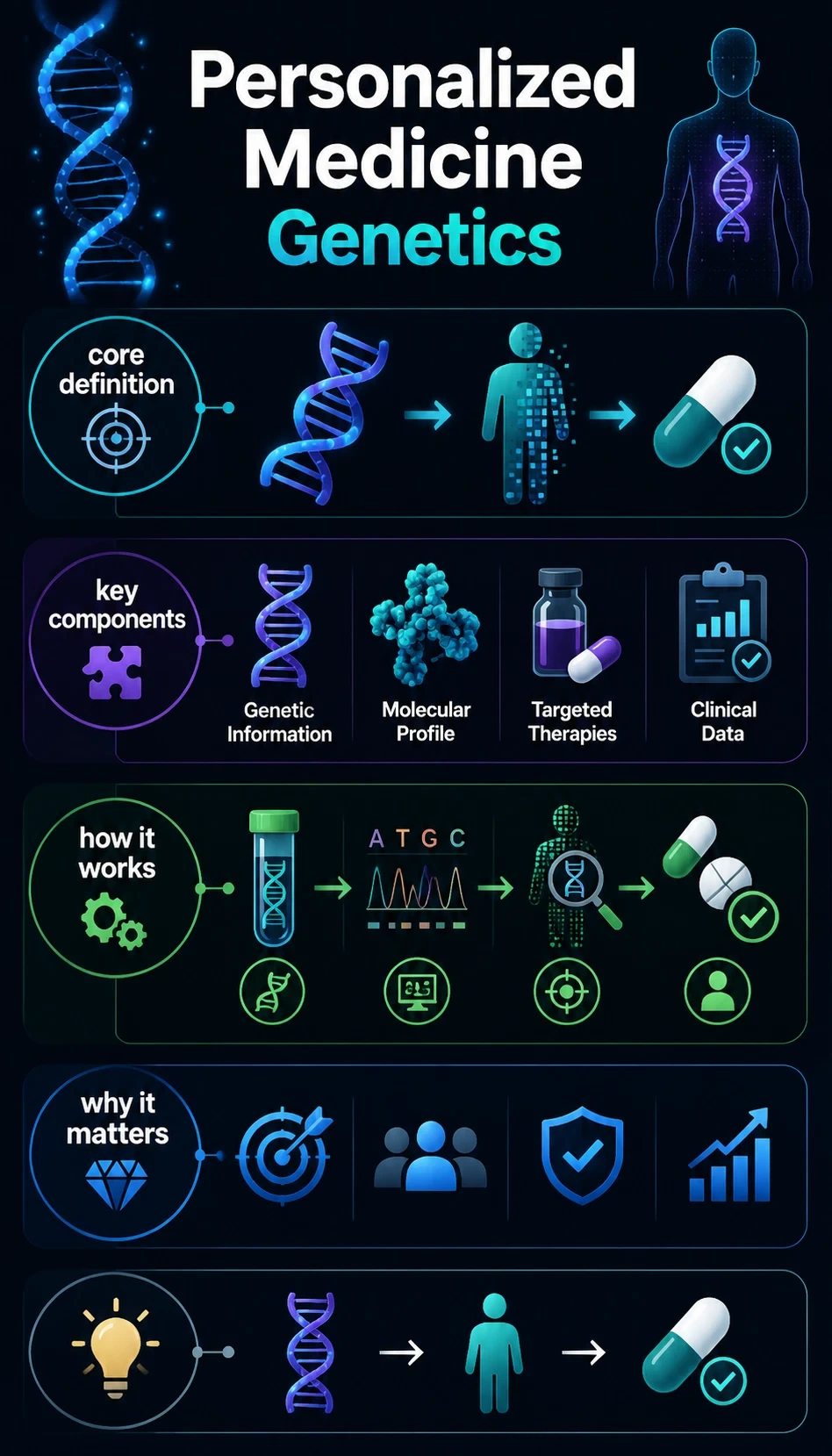 personalized medicine genetics infographic showing core definition, key components, how it works, why it matters