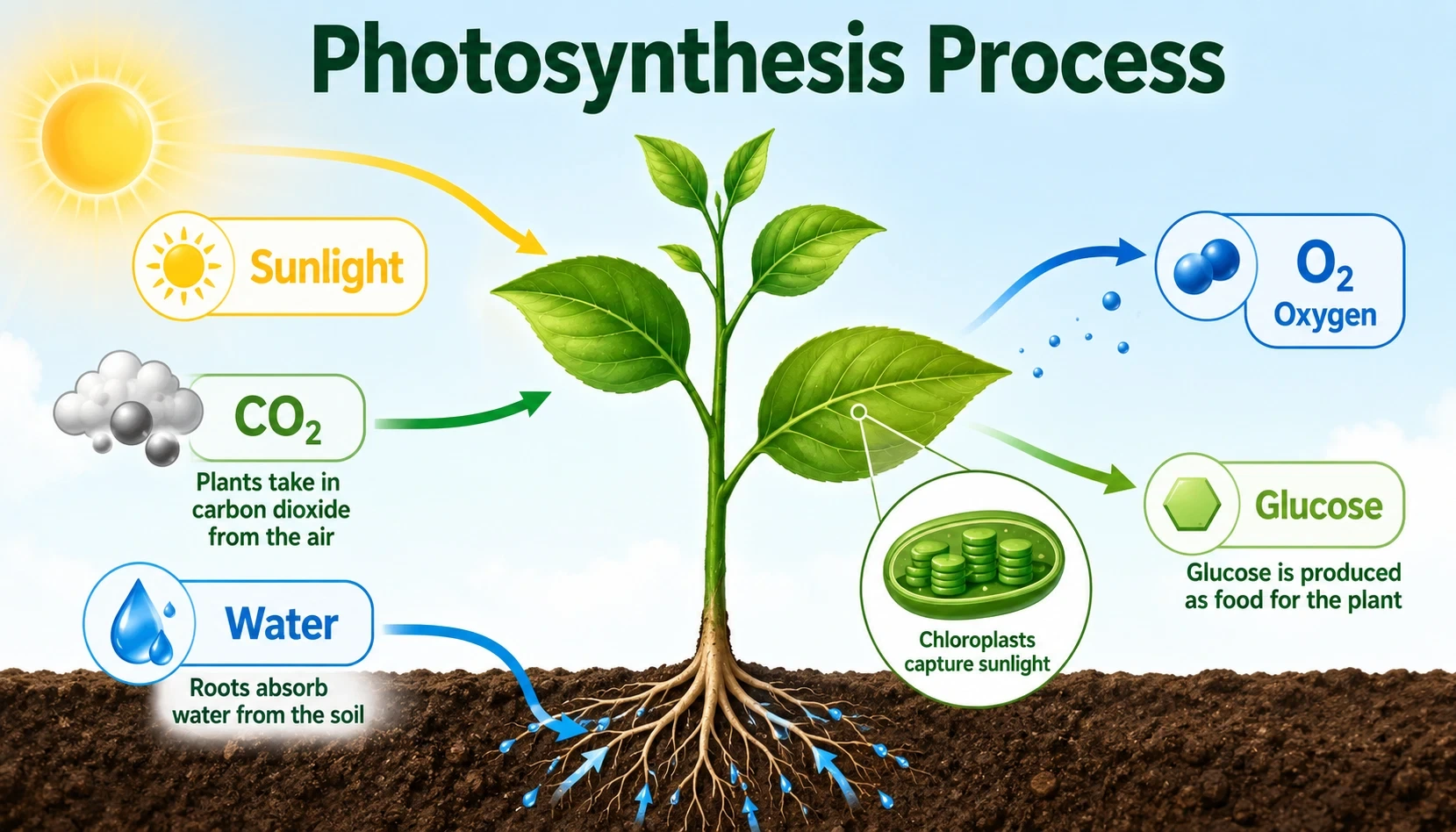 photosynthesis process infographic showing Plants take in carbon dioxide from the air, Roots absorb water from the soil, Chloroplasts capture sunlight, Glucose is produced as food for the plant