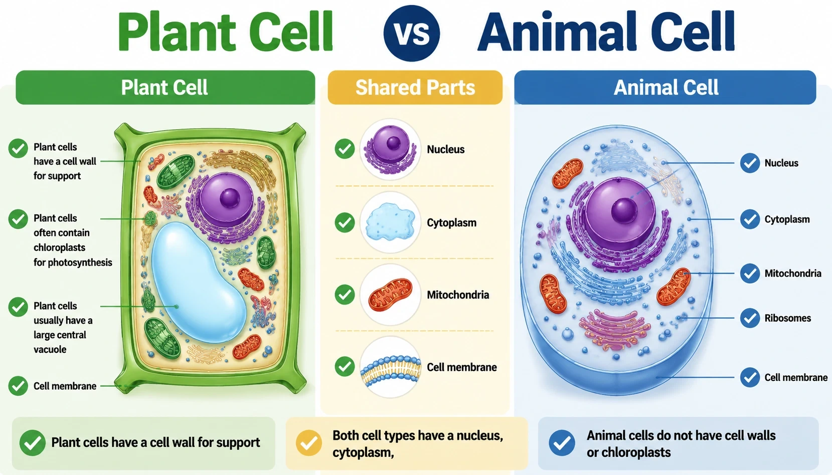 plant cell vs animal cell infographic showing Both cell types have a nucleus, cytoplasm, mitochondria, and cell membrane, Plant cells have a cell wall for support, Plant cells often contain chloroplasts for photosynthesis, Plant cells usually have a large central vacuole