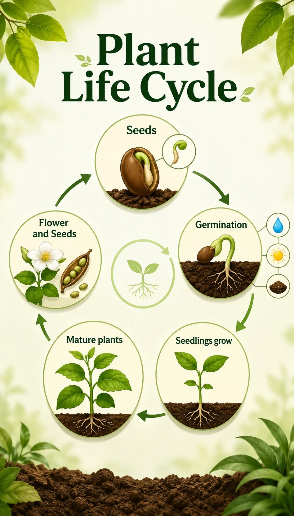 plant life cycle infographic showing Seeds contain a young plant, Germination begins when conditions are suitable, Seedlings grow leaves and roots, Mature plants produce flowers