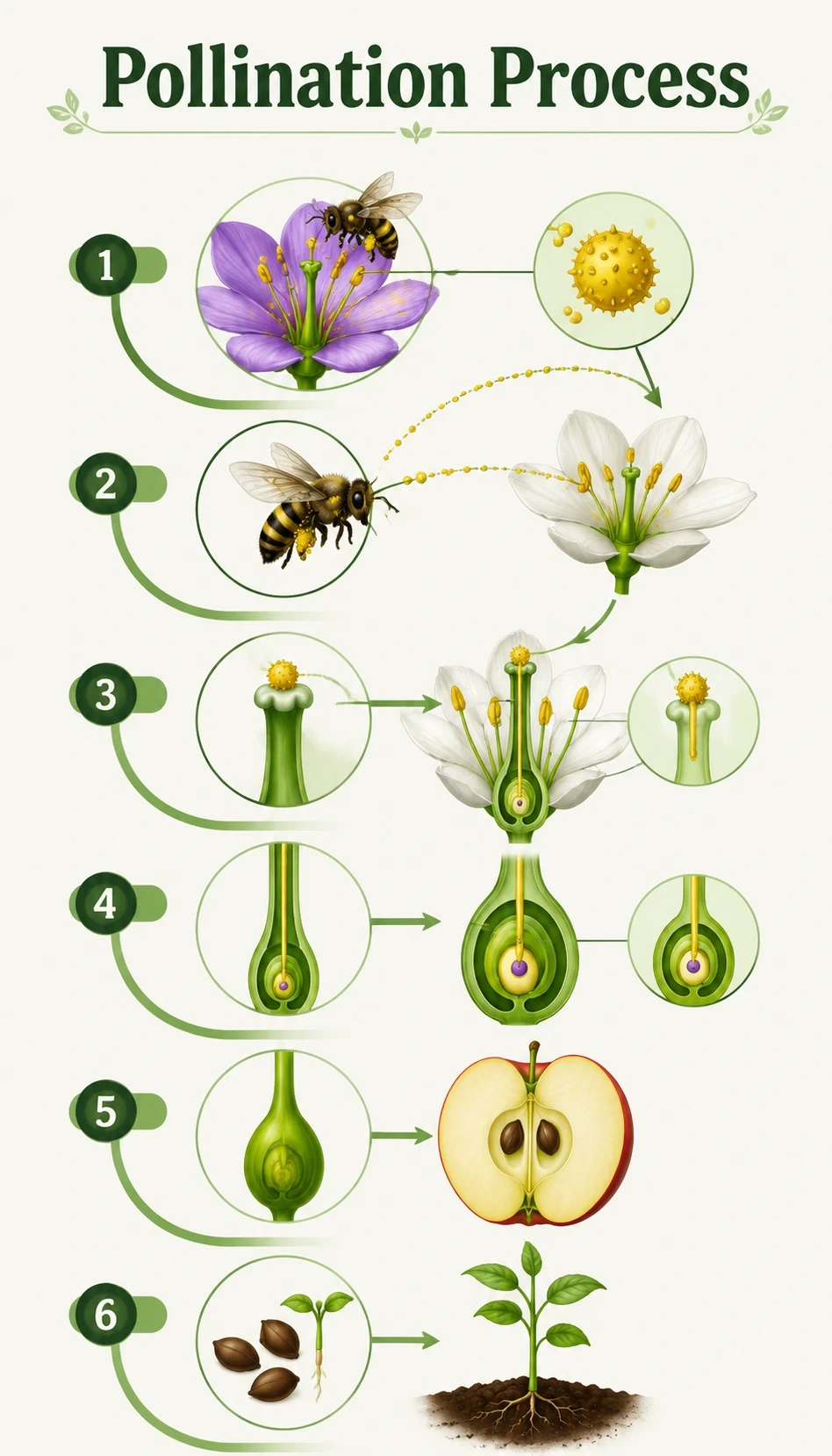pollination process infographic showing starting point, major steps, key molecules or structures, direction of flow
