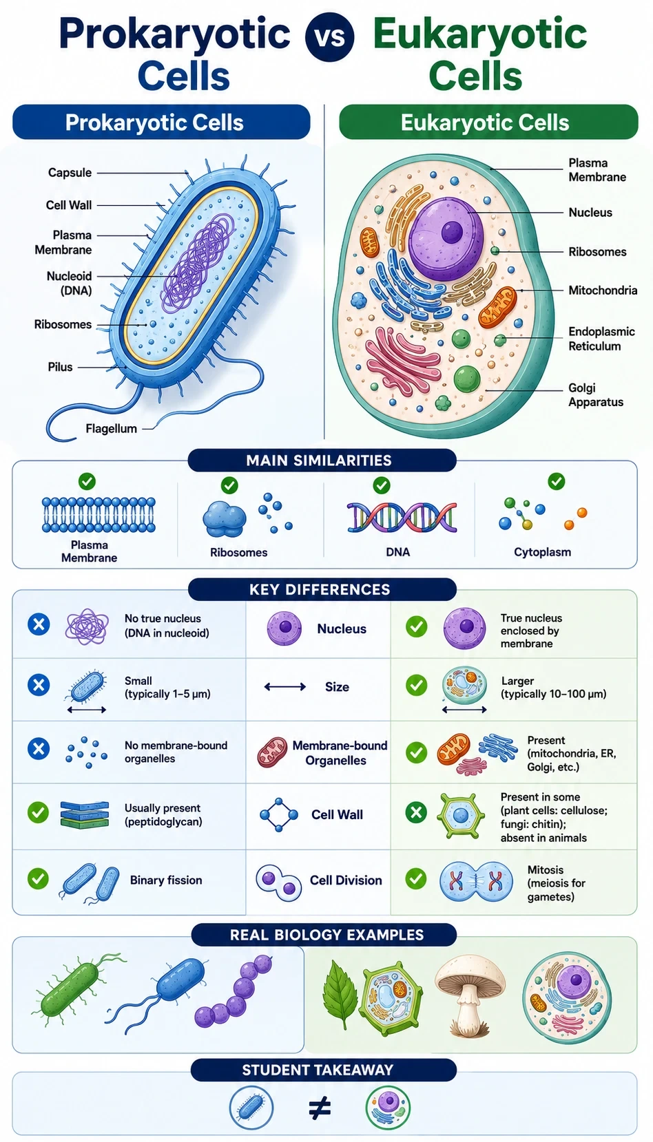 prokaryotic vs eukaryotic cells infographic showing main similarities, key differences, structure or function, real biology examples