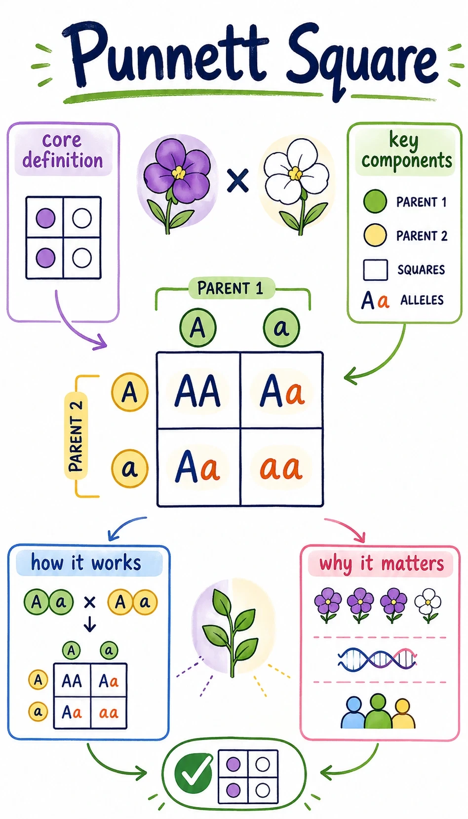 punnett square infographic showing core definition, key components, how it works, why it matters