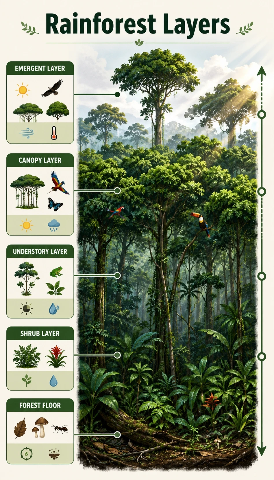 rainforest layers infographic showing main parts, terms and callouts, how each part functions, spatial relationships