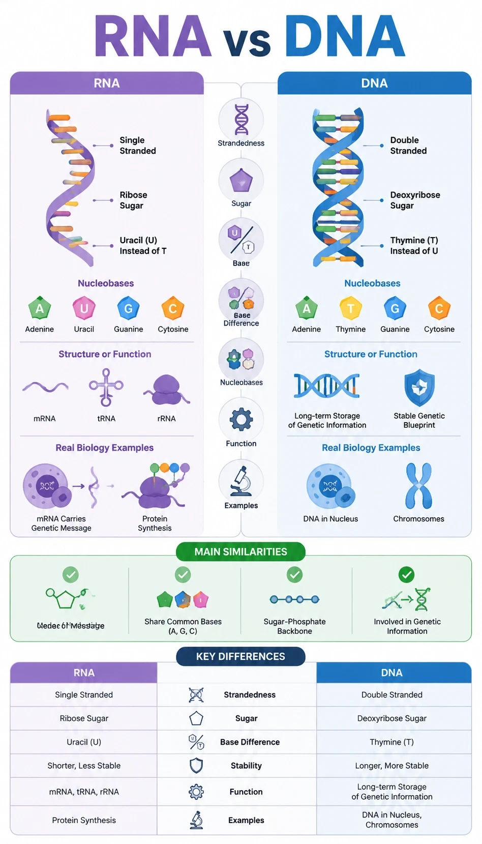 rna vs dna infographic showing main similarities, key differences, structure or function, real biology examples