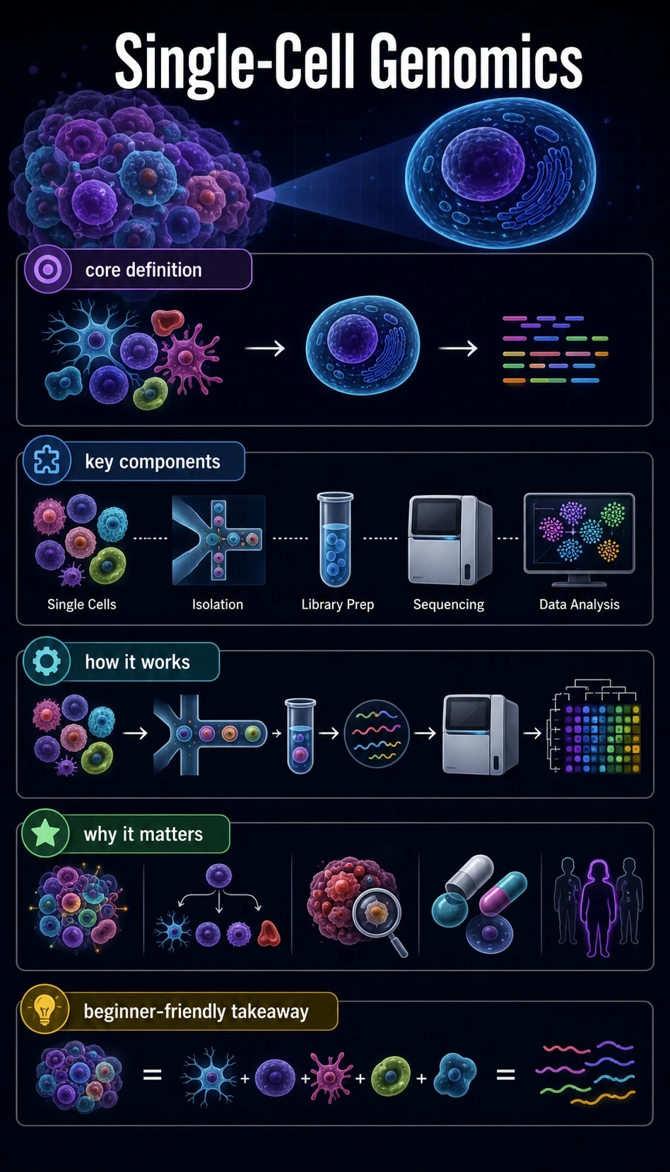 single-cell genomics infographic showing core definition, key components, how it works, why it matters