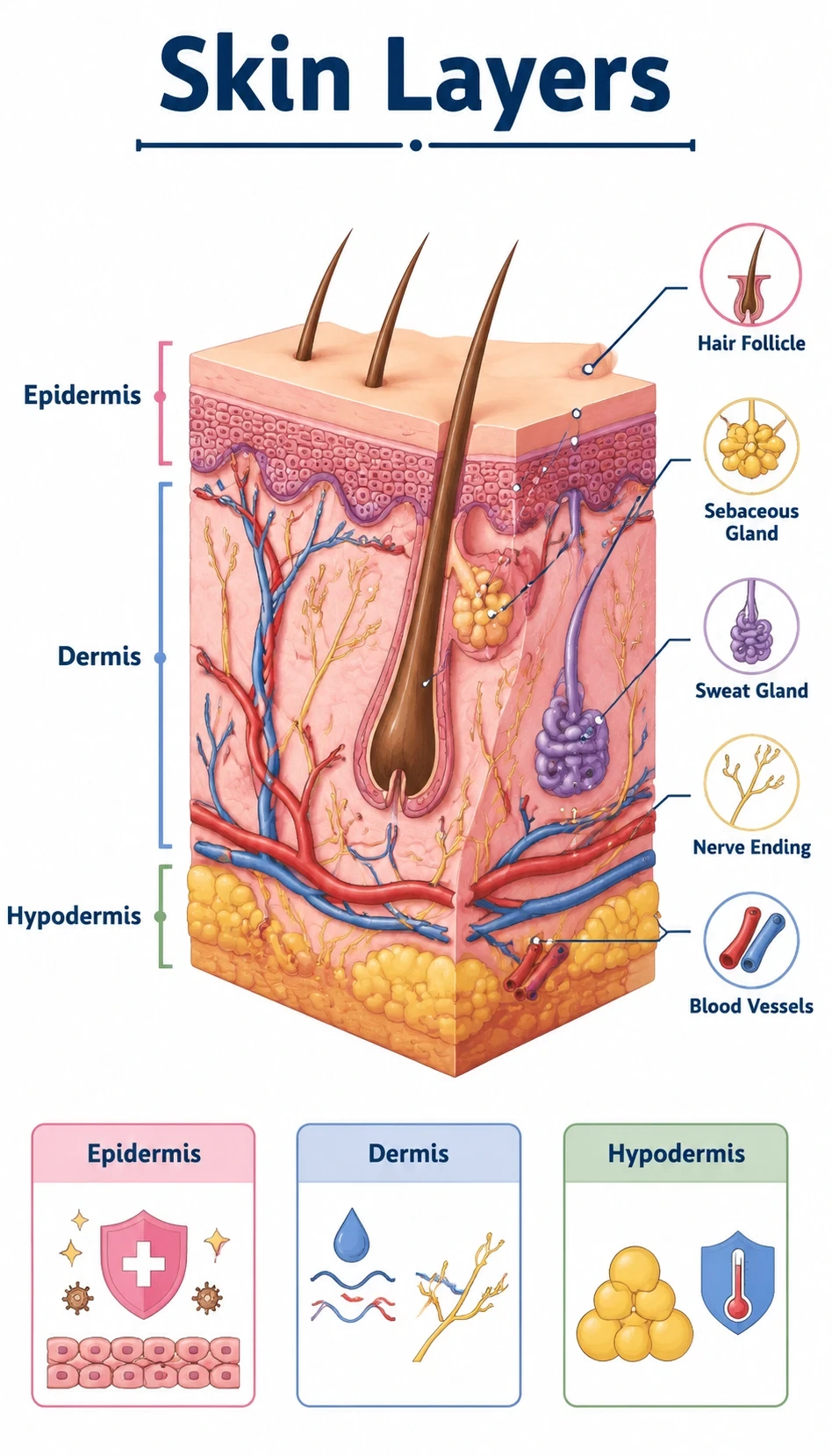 skin layers infographic showing main parts, terms and callouts, how each part functions, spatial relationships