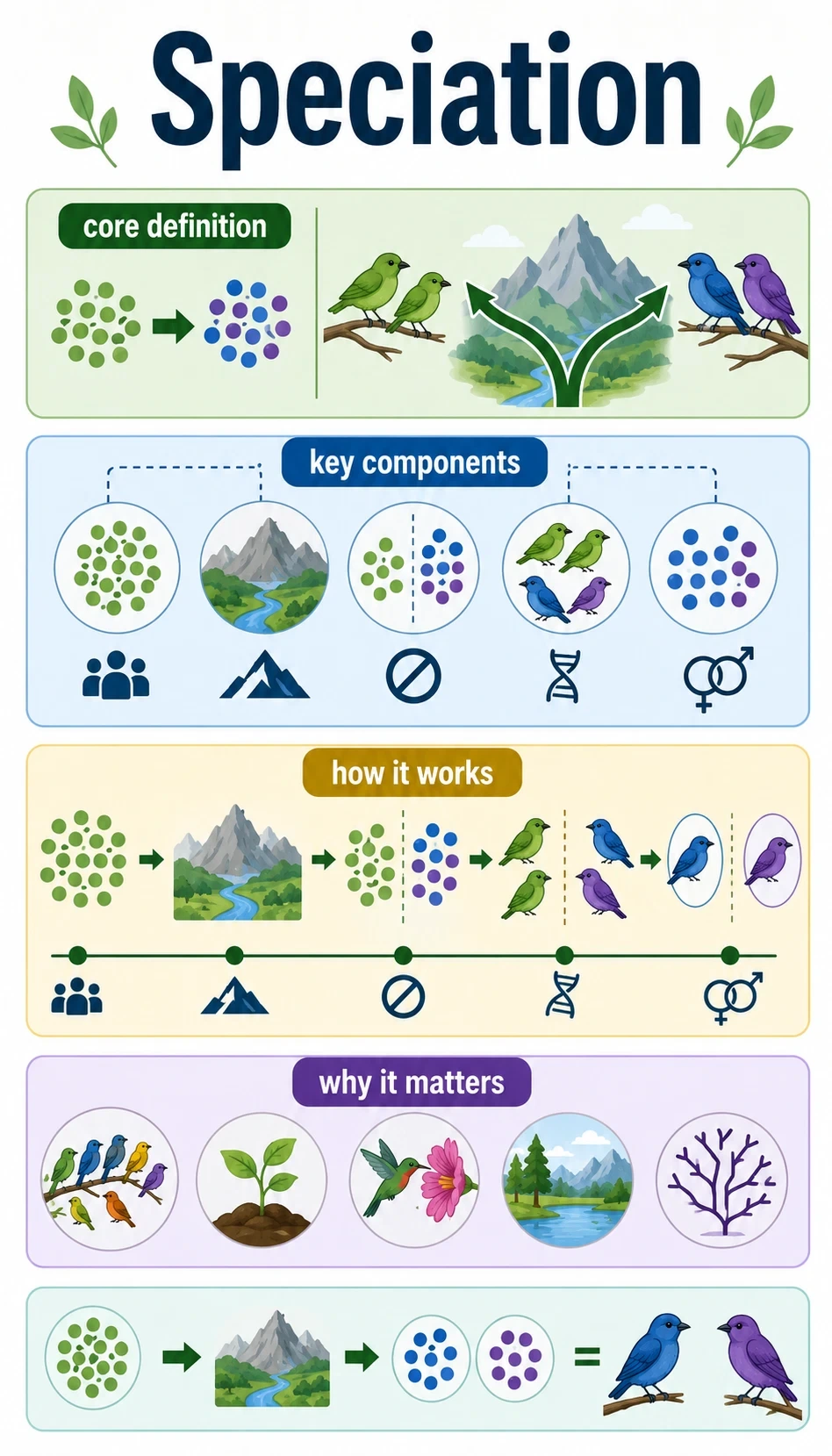 speciation infographic showing core definition, key components, how it works, why it matters