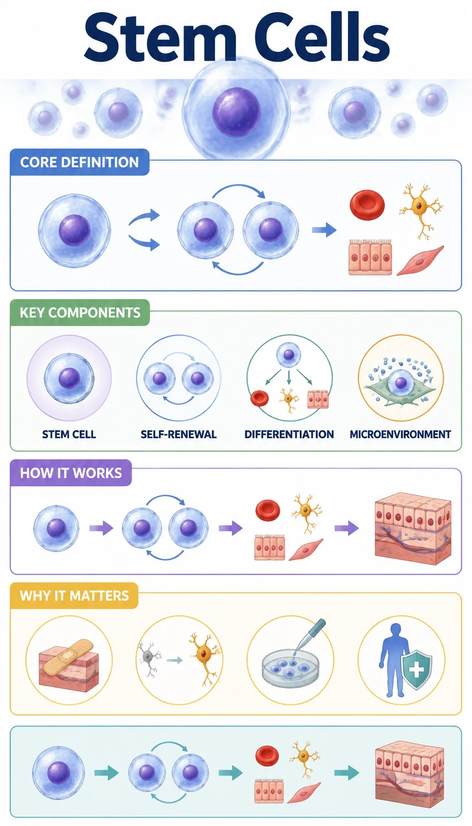stem cells infographic showing core definition, key components, how it works, why it matters
