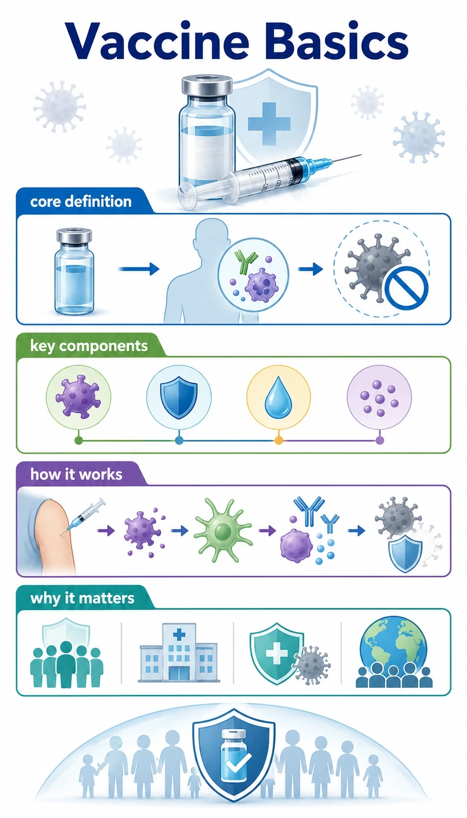 vaccine basics infographic showing core definition, key components, how it works, why it matters