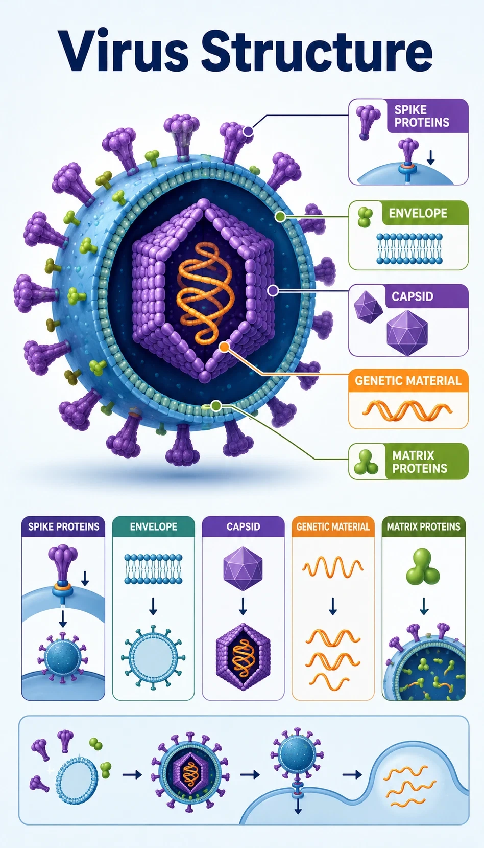 virus structure infographic showing main parts, terms and callouts, how each part functions, spatial relationships