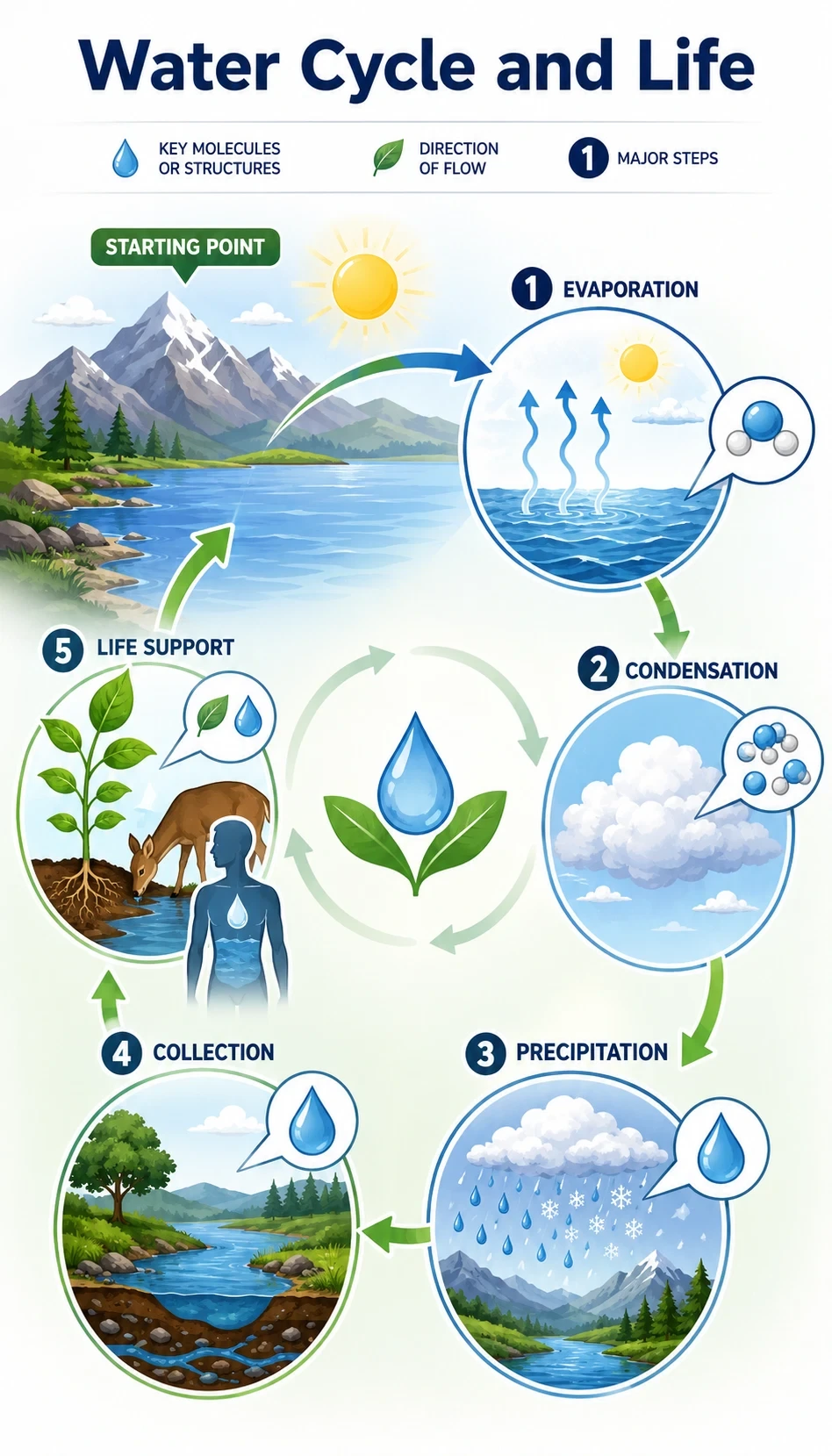 water cycle and life infographic showing starting point, major steps, key molecules or structures, direction of flow