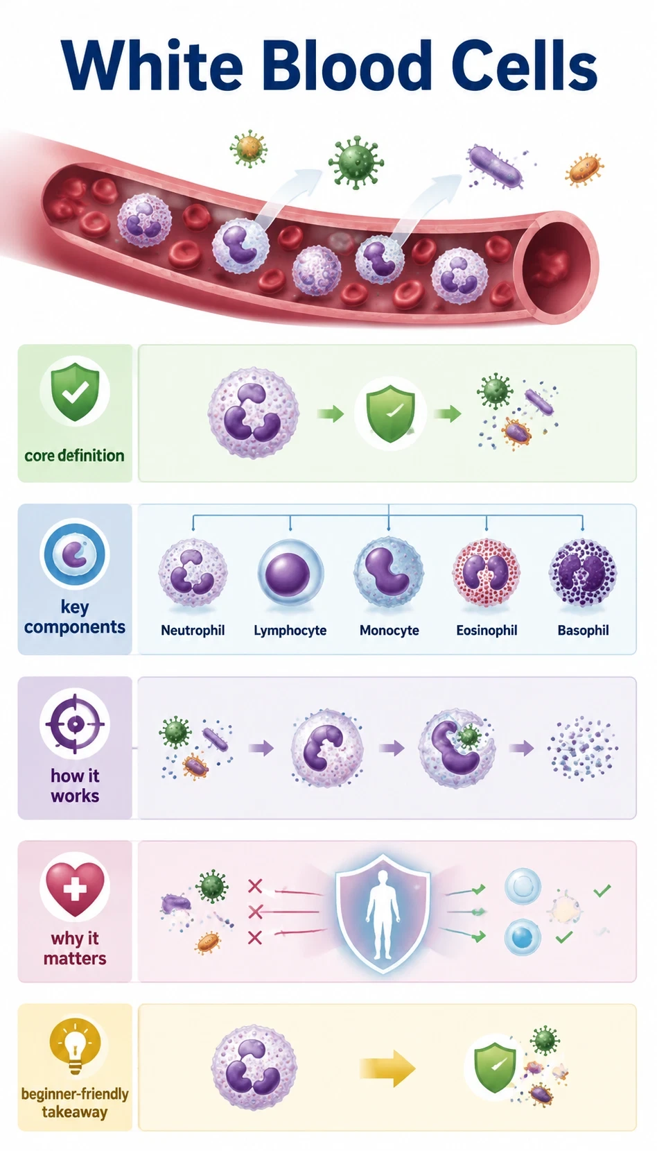 white blood cells infographic showing core definition, key components, how it works, why it matters