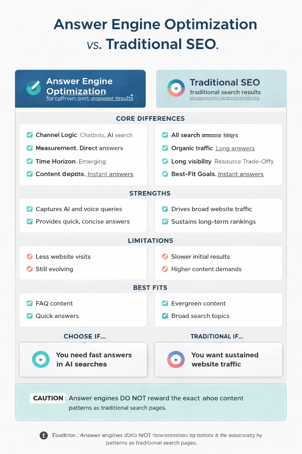 Answer Engine Optimization vs Traditional SEO comparison infographic with readable mobile-friendly comparison cards