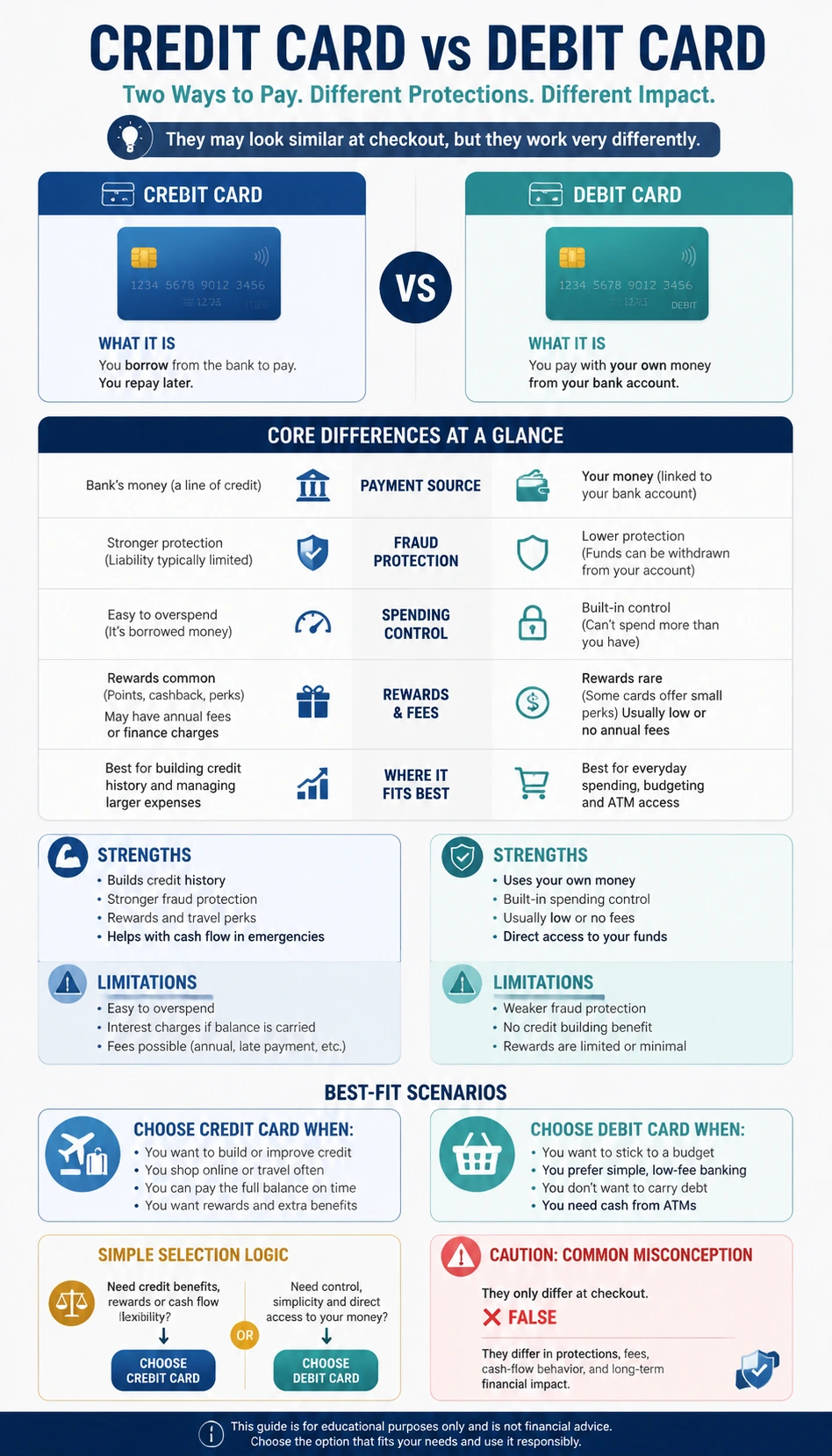 Credit Card vs Debit Card comparison infographic with readable mobile-friendly comparison cards