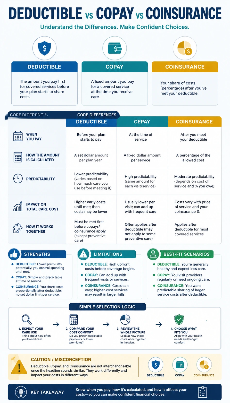 Deductible vs Copay vs Coinsurance comparison infographic with readable mobile-friendly comparison cards
