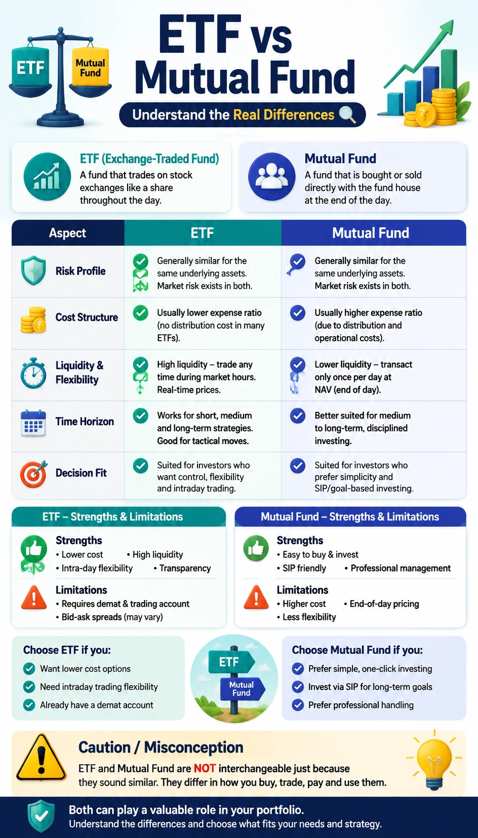 ETF vs Mutual Fund comparison infographic with readable mobile-friendly comparison cards