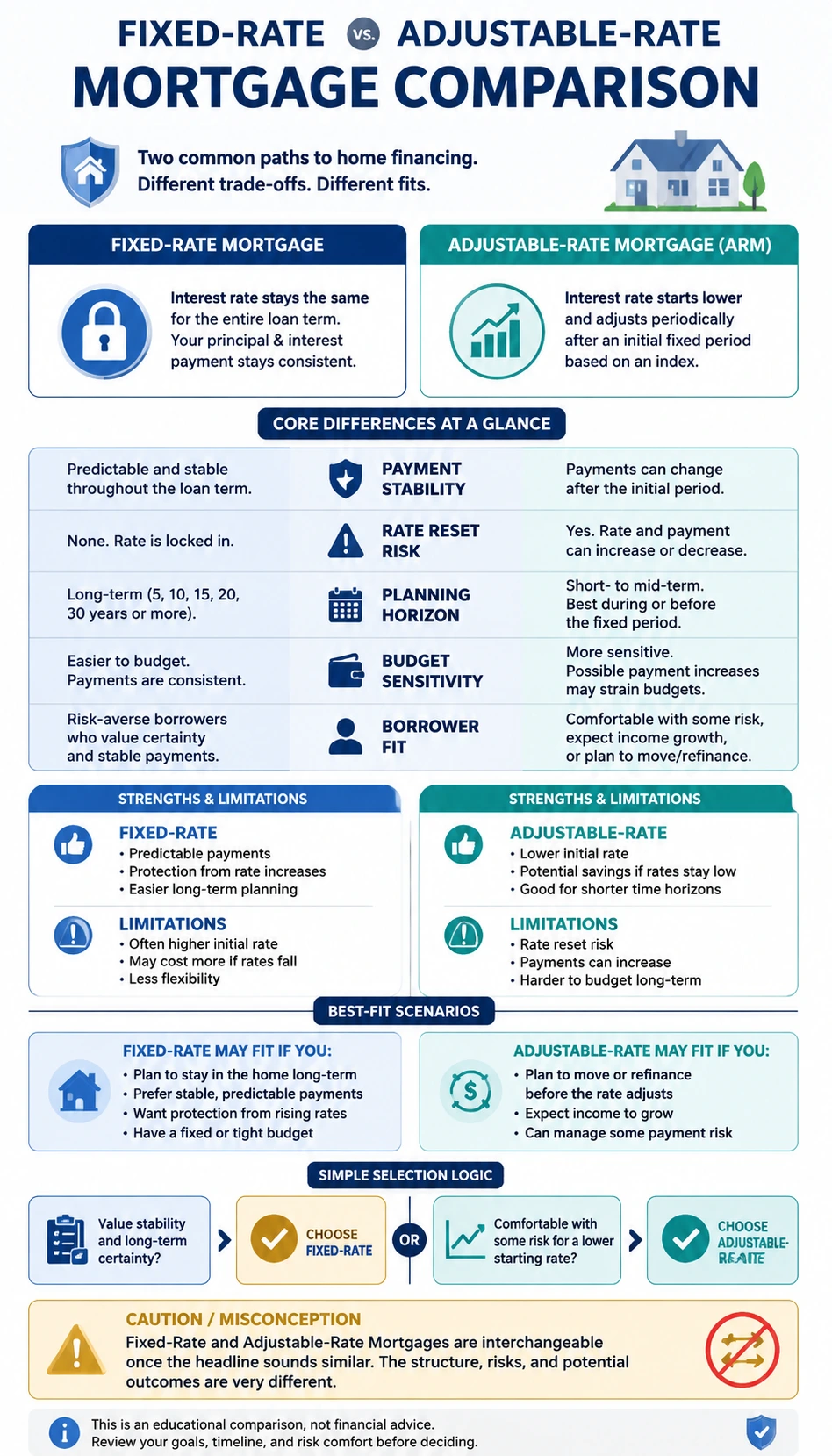 Fixed-Rate vs Adjustable-Rate Mortgage comparison infographic with readable mobile-friendly comparison cards