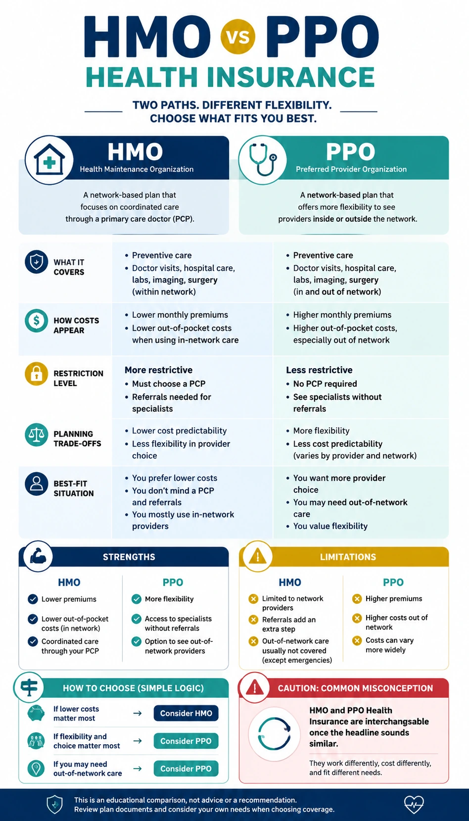 HMO vs PPO Health Insurance comparison infographic with readable mobile-friendly comparison cards