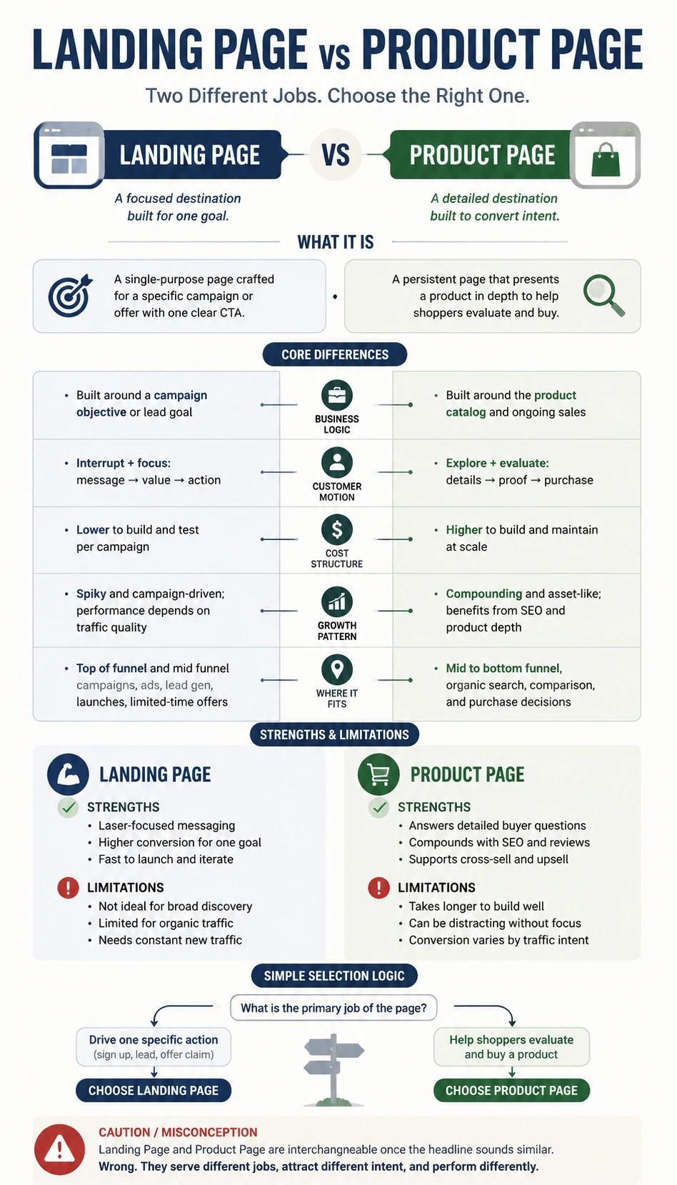 Landing Page vs Product Page comparison infographic with readable mobile-friendly comparison cards