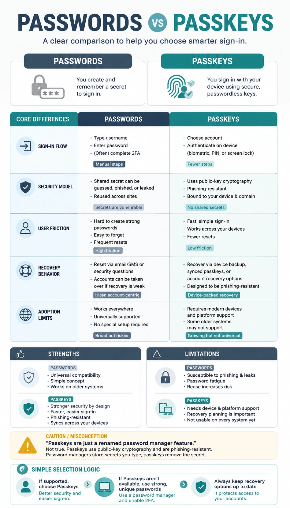 Passwords vs Passkeys comparison infographic with readable mobile-friendly comparison cards