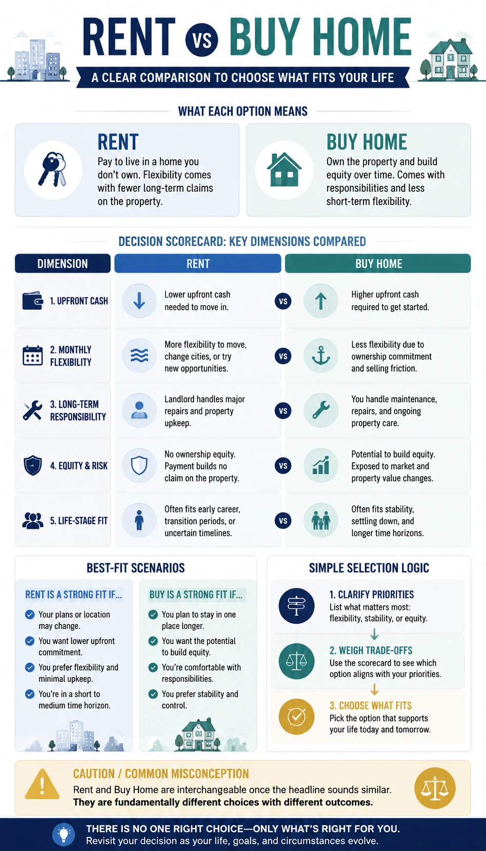 Rent vs Buy Home comparison infographic with readable mobile-friendly comparison cards