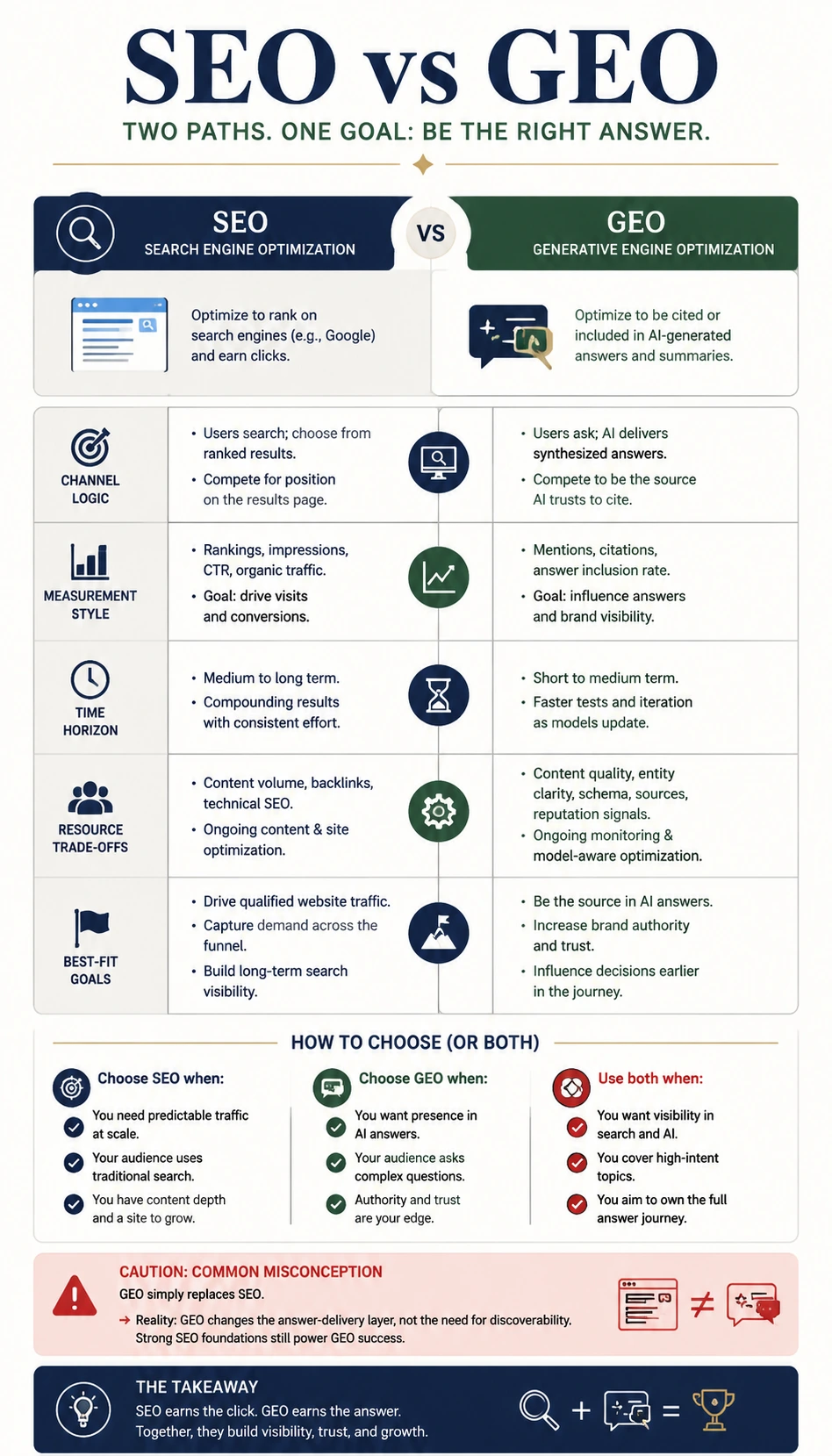 SEO vs GEO comparison infographic with readable mobile-friendly comparison cards