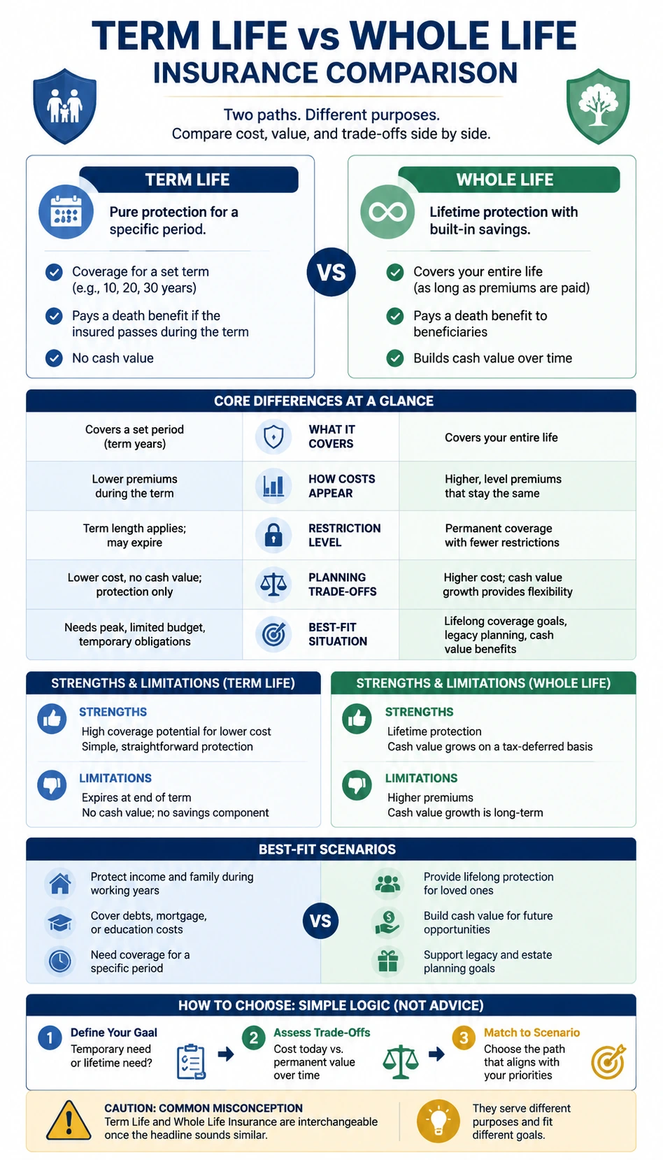 Term Life vs Whole Life Insurance comparison infographic with readable mobile-friendly comparison cards