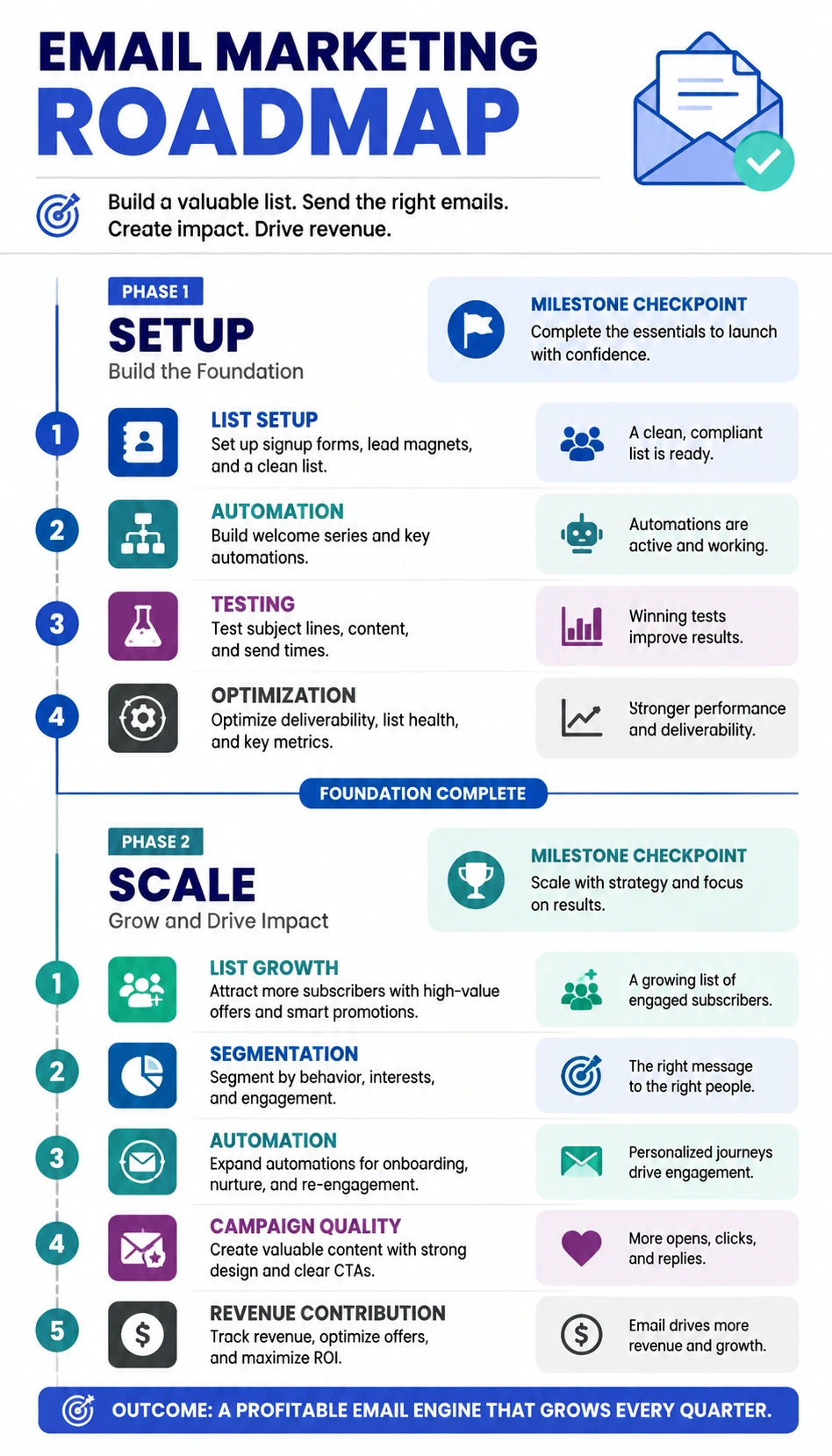 email marketing roadmap infographic with clear milestones and stage planning