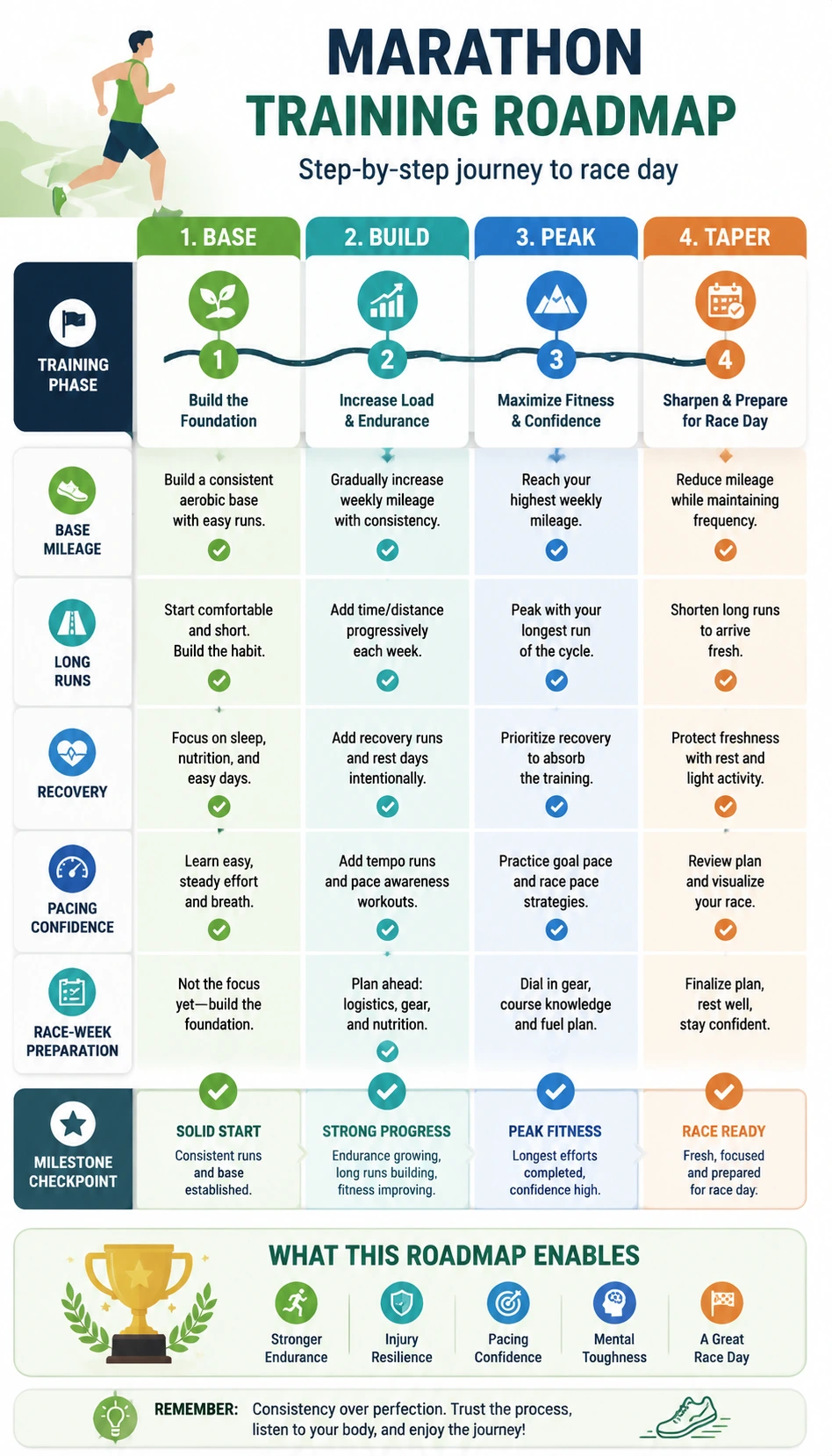 marathon training roadmap infographic with clear milestones and stage planning