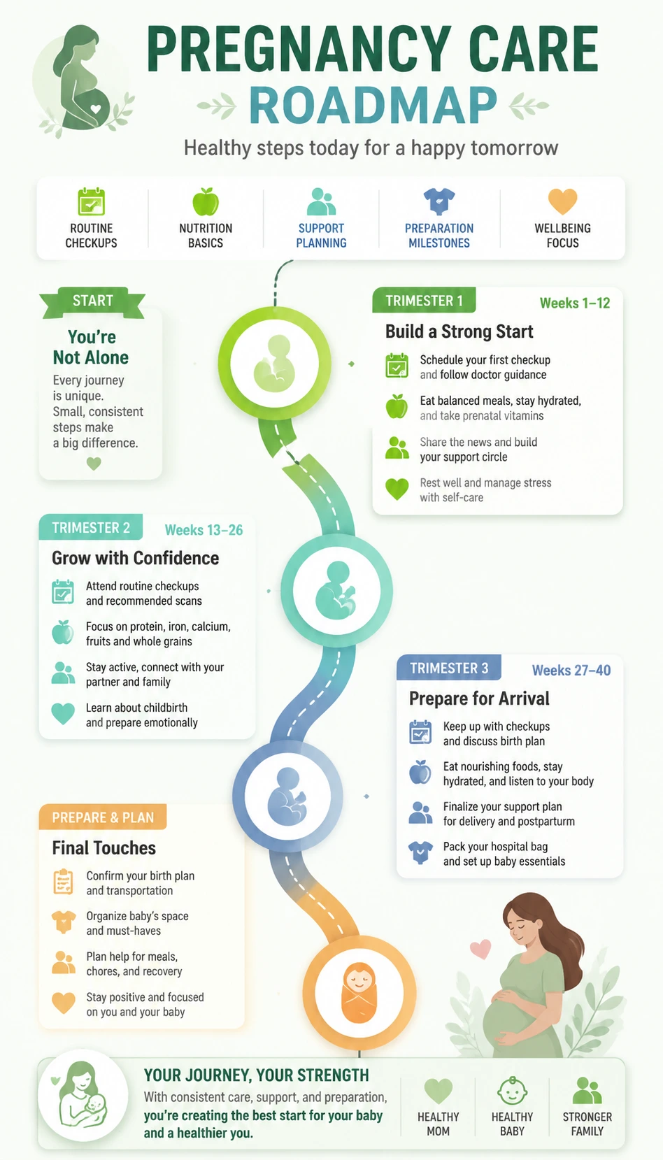 pregnancy care roadmap infographic with clear milestones and stage planning
