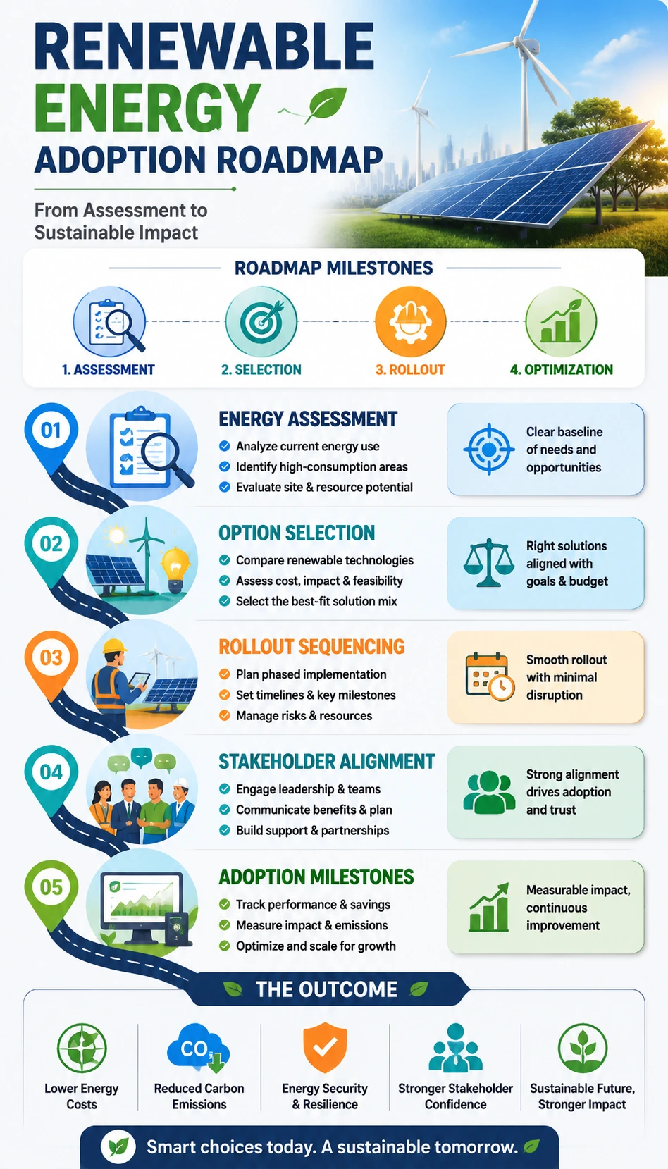 renewable energy adoption roadmap infographic with clear milestones and stage planning