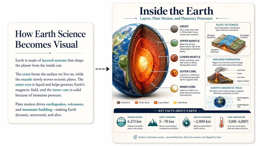 Earth science infographic example showing Earth's layers, plate motion, volcano formation, and magnetic field