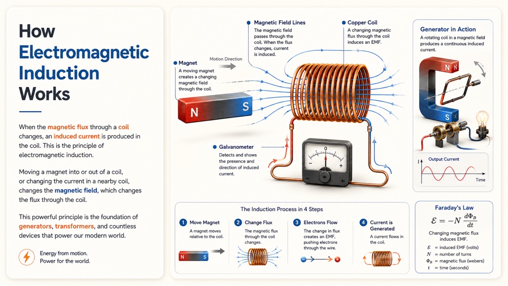 Electromagnetic induction classroom infographic with magnet coil galvanometer and process labels
