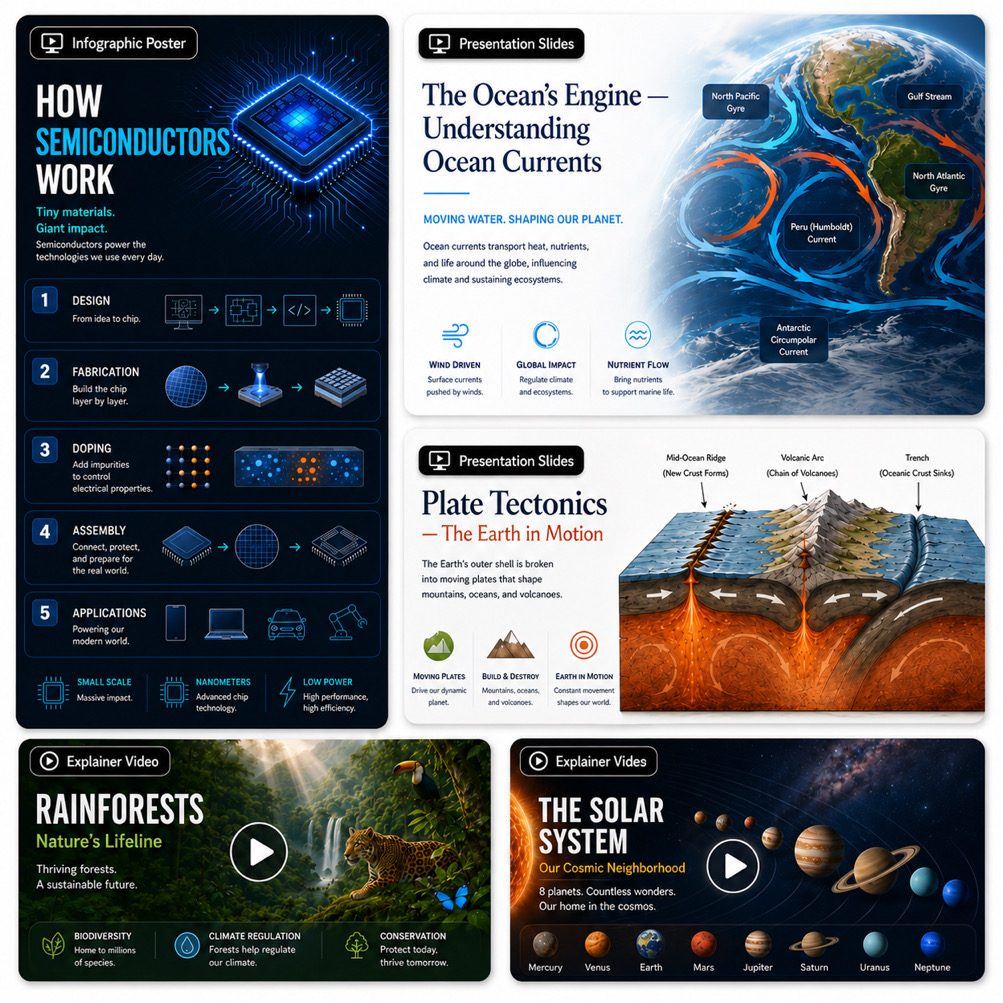 AI Infographic and Video Generator Examples AI-generated infographic and short video examples for education, science, visual summaries, posters, and carousel-style visuals
