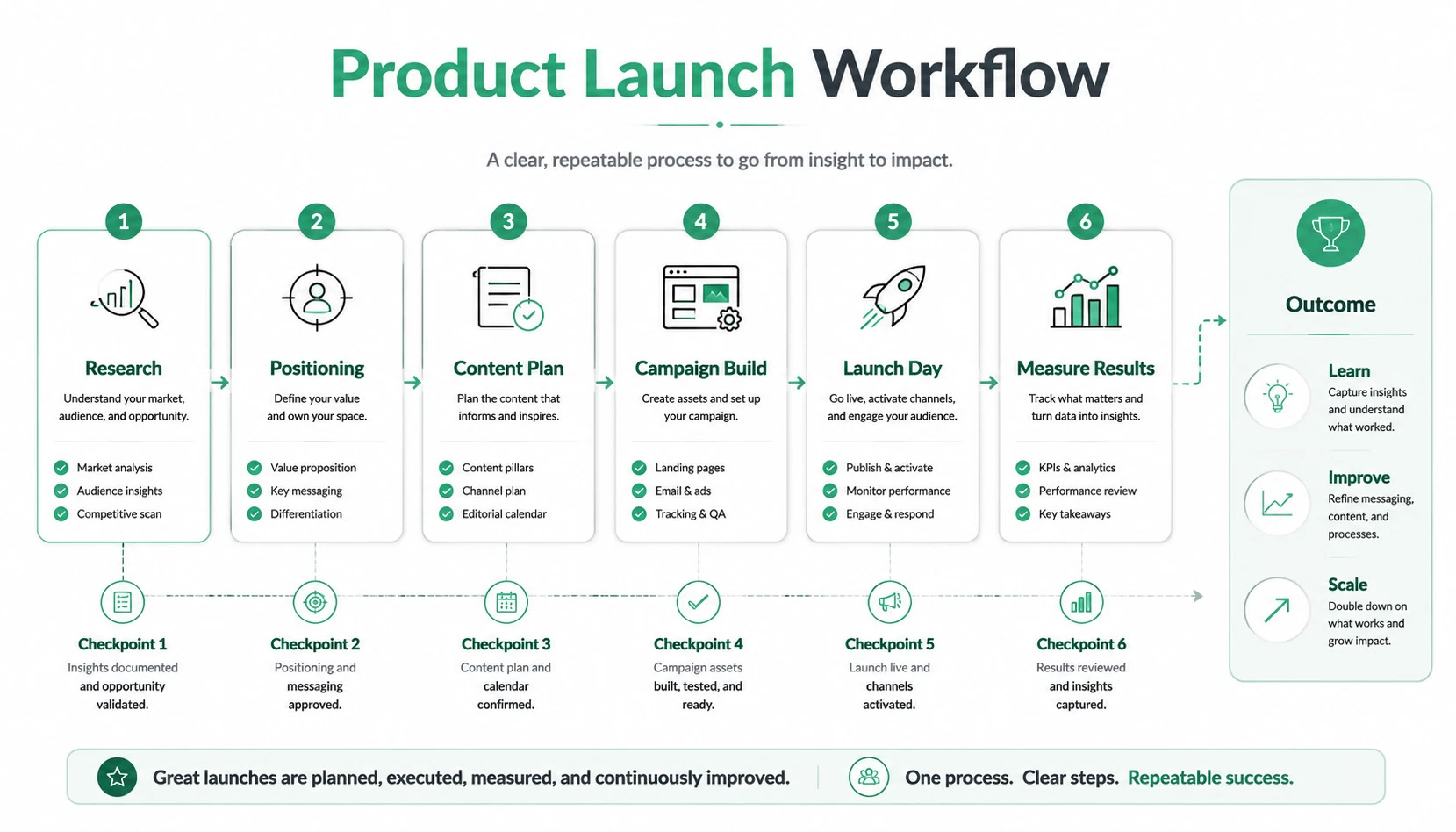 Product launch workflow process infographic with research positioning content planning campaign build launch day and measurement steps